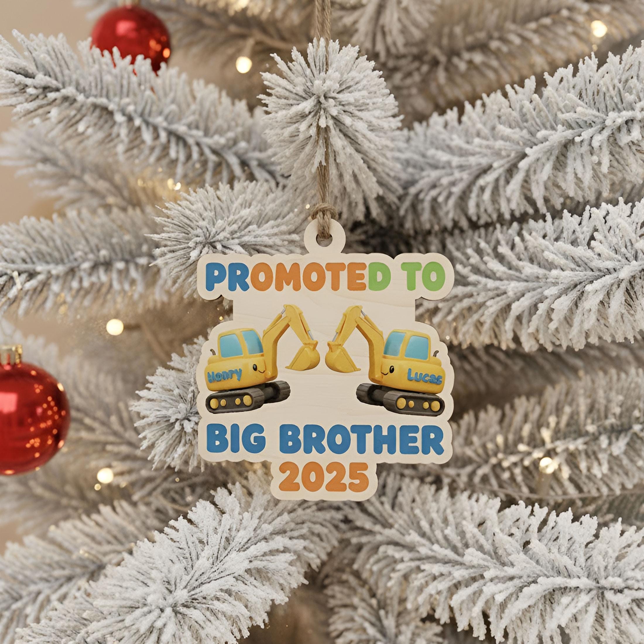 Custom Excavator Big Brother Ornament: Personalized 2025 Sibling Announcement, Construction Keepsake