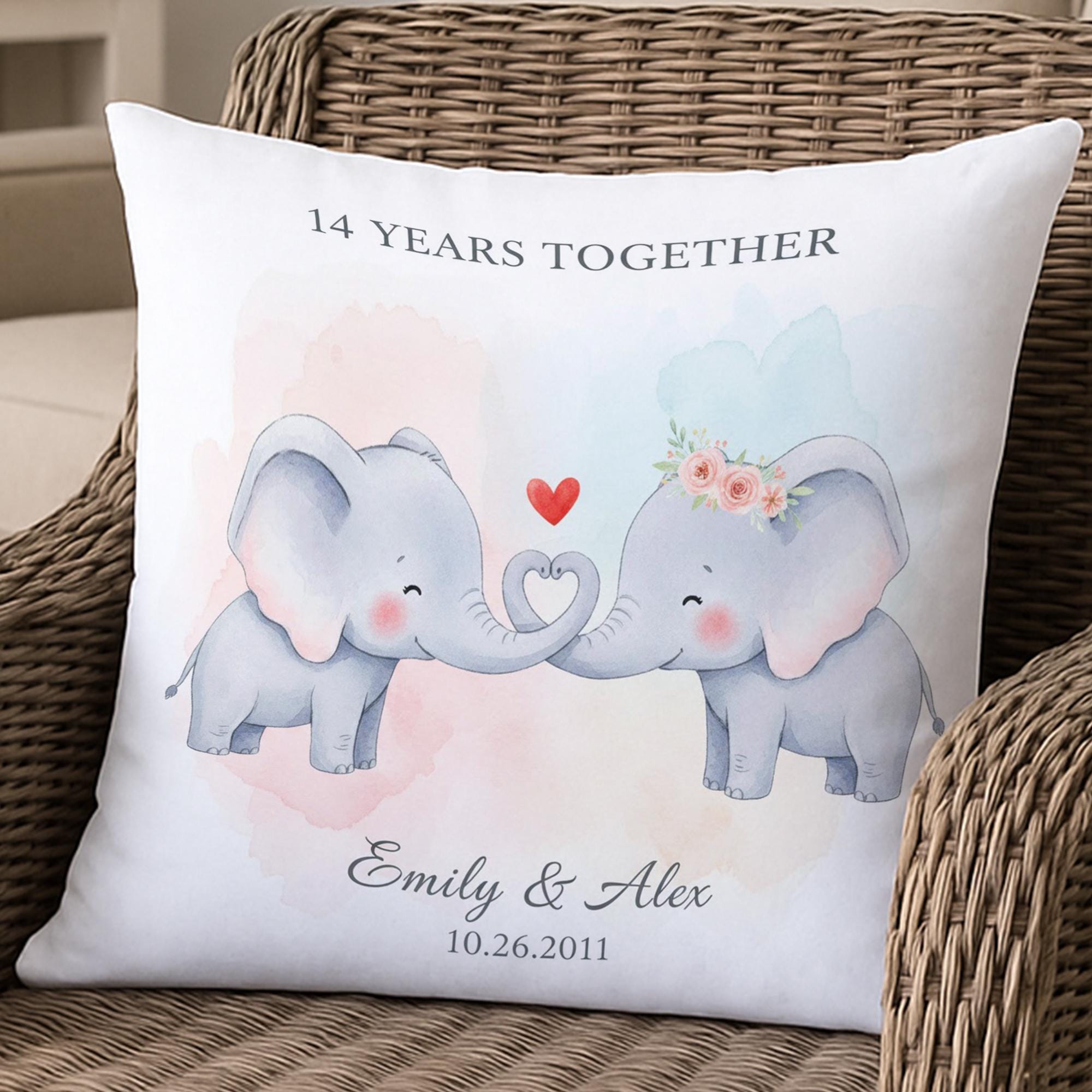 Personalized Anniversary Pillow: Elephant Illustration, Ivory Anniversary, Custom Date Print image 2
