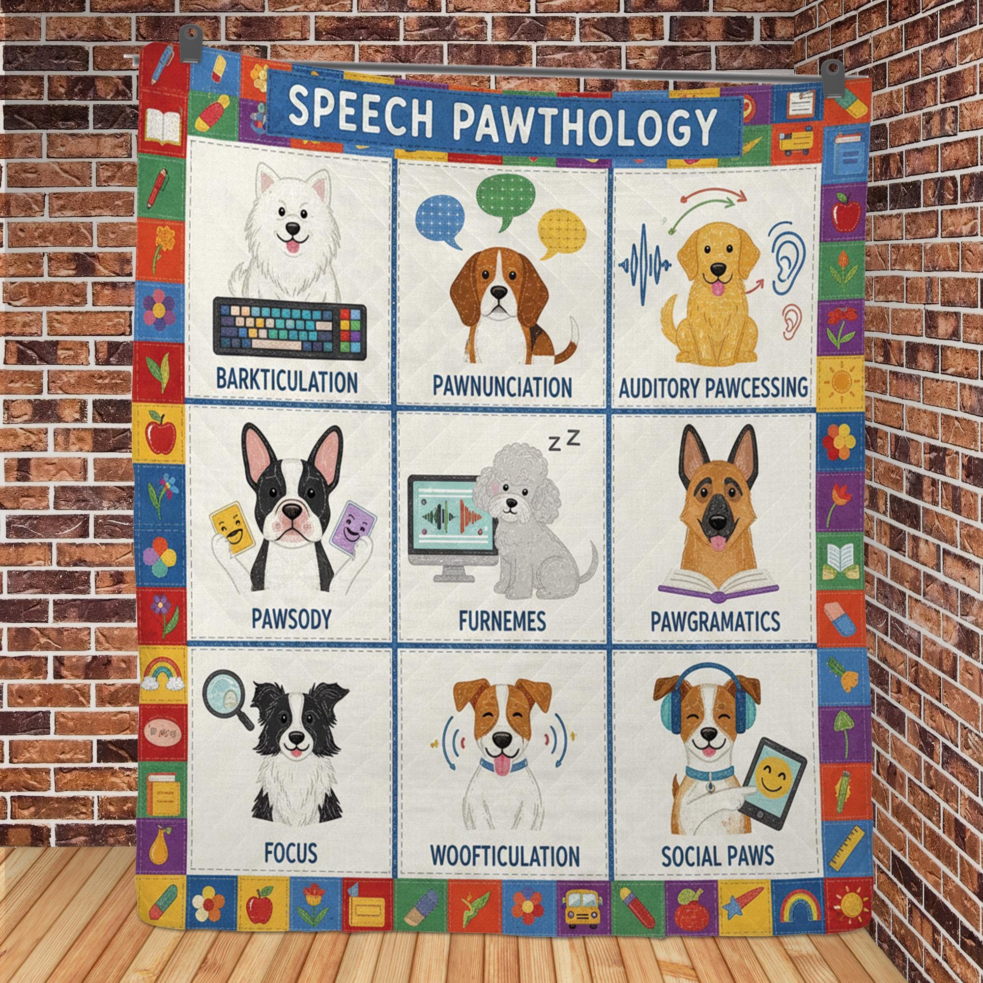 Quilt Blanket: "Speech Pawthology" Theme, Dog Pun Patchwork, SLP Illustrations image 2