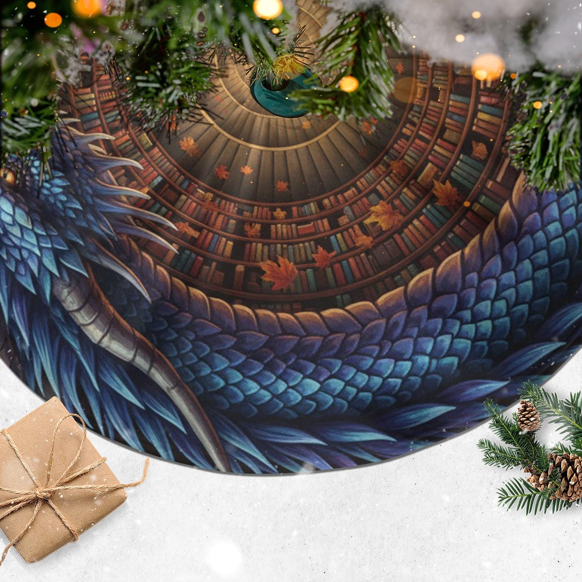 Fantasy Christmas Tree Skirt: Dragon Library Print, Circular Holiday Mat, Autumn Detail image 3
