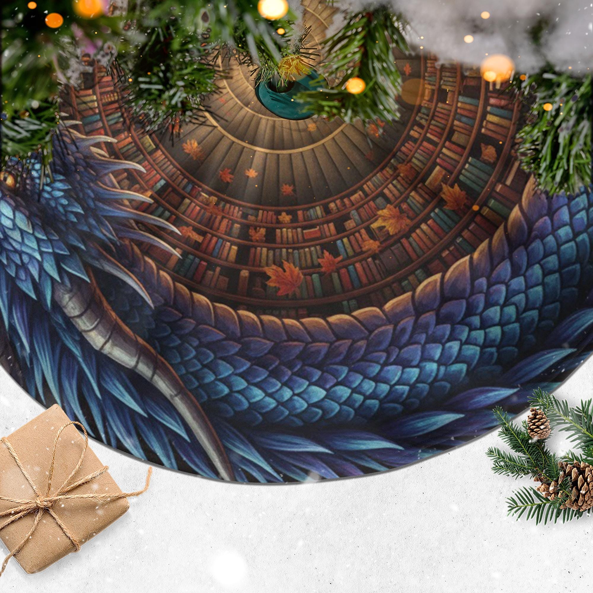 Fantasy Christmas Tree Skirt: Dragon Library Print, Circular Holiday Mat, Autumn Detail image 3