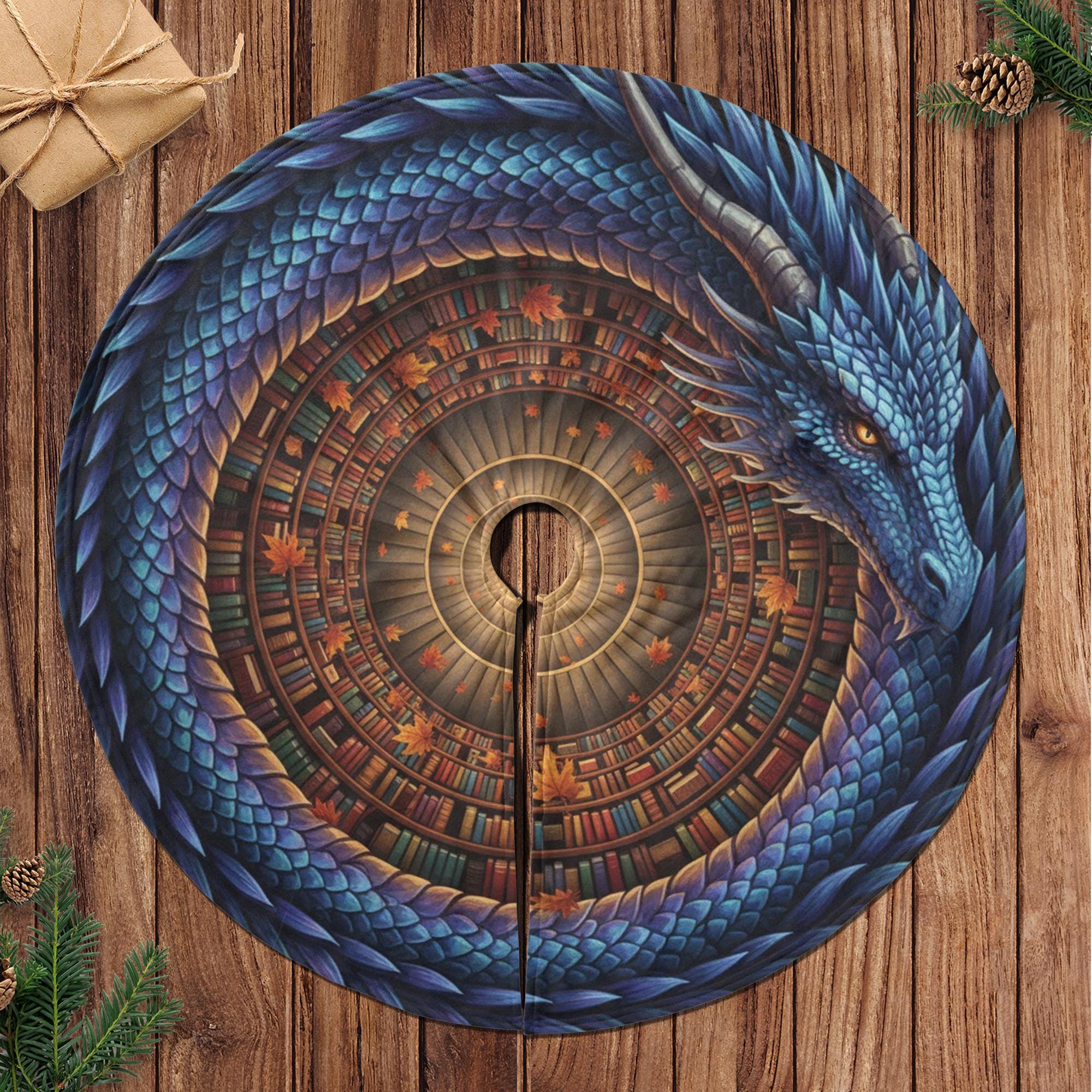 Fantasy Christmas Tree Skirt: Dragon Library Print, Circular Holiday Mat, Autumn Detail image 1