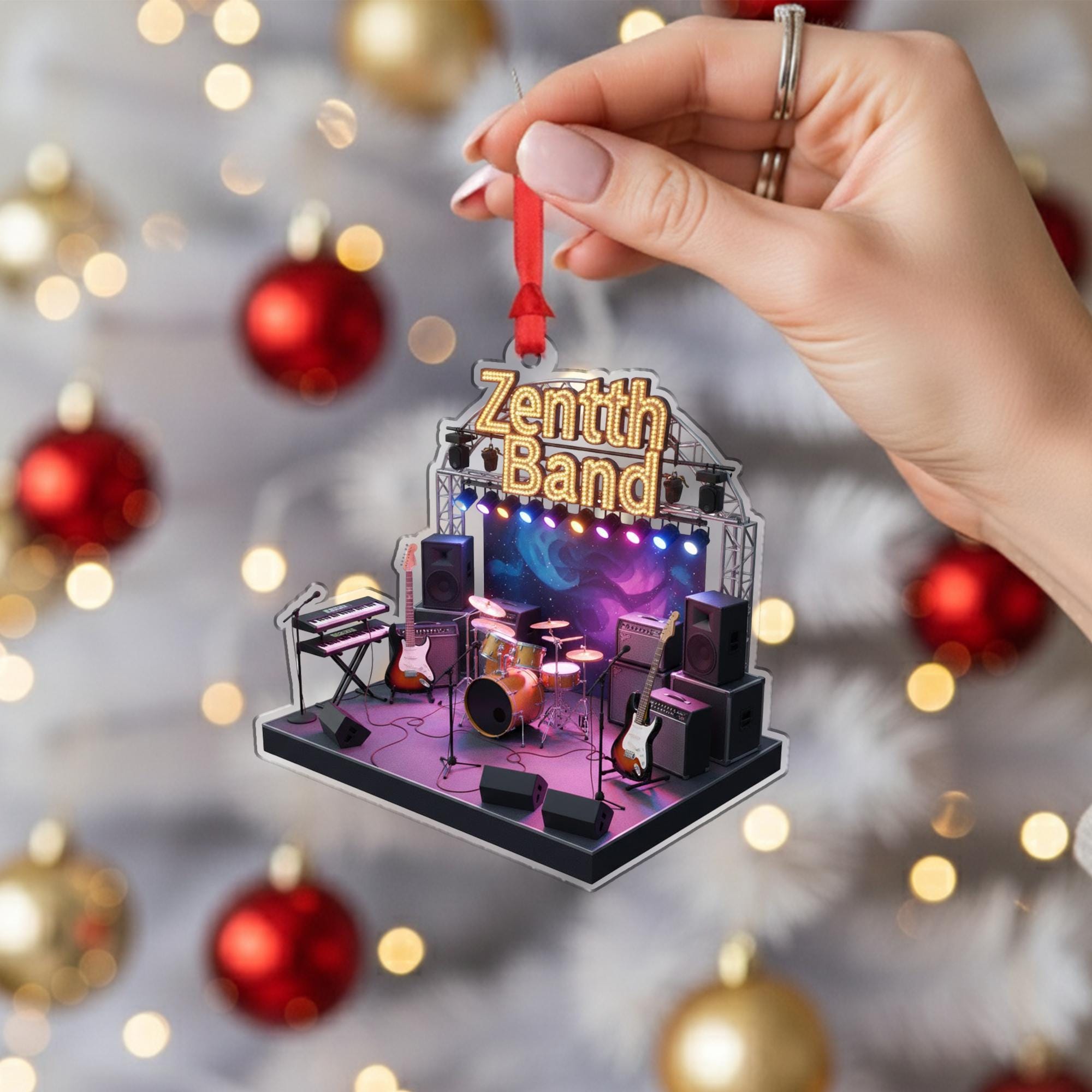 Acrylic Ornament – Miniature Concert Stage with Instruments and Cosmic Backdrop, Music Band Ornament image 5