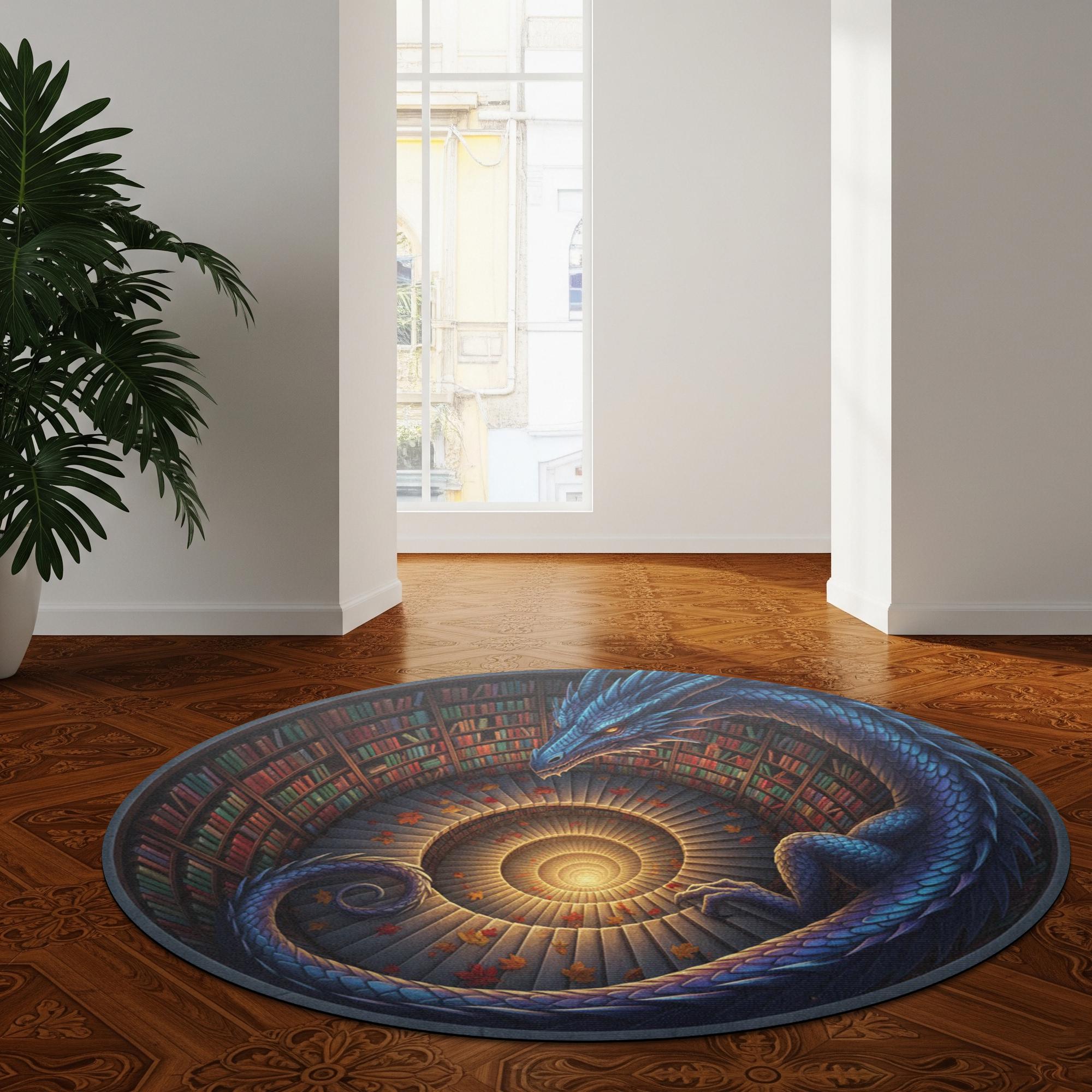 Fantasy Dragon Doormat: Spiral Staircase Design, Library Scene, Round Rug Style image 4