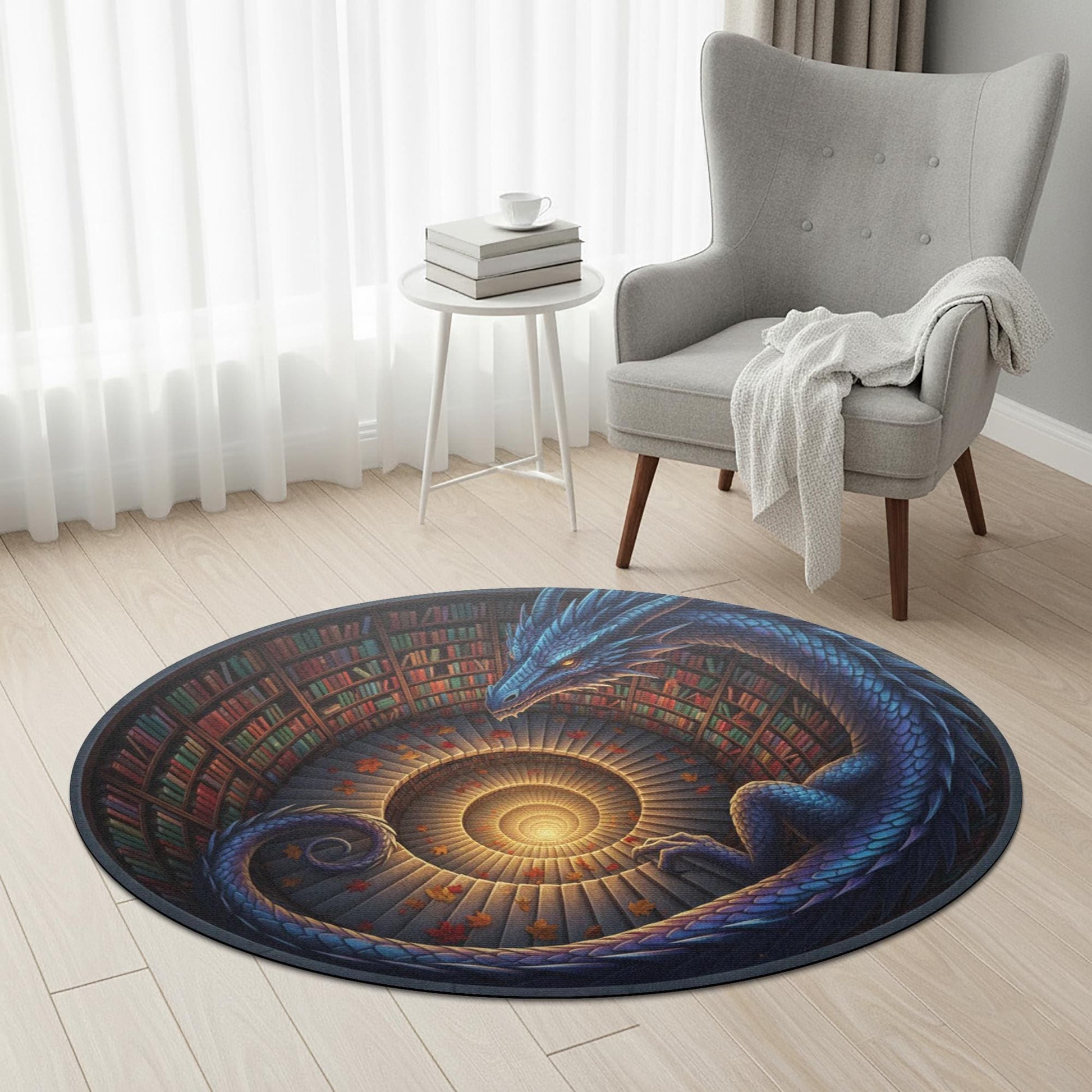 Fantasy Dragon Doormat: Spiral Staircase Design, Library Scene, Round Rug Style image 1