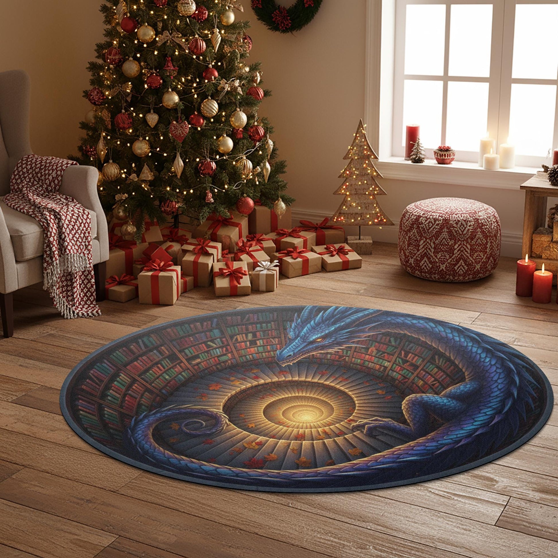 Fantasy Dragon Doormat: Spiral Staircase Design, Library Scene, Round Rug Style image 7