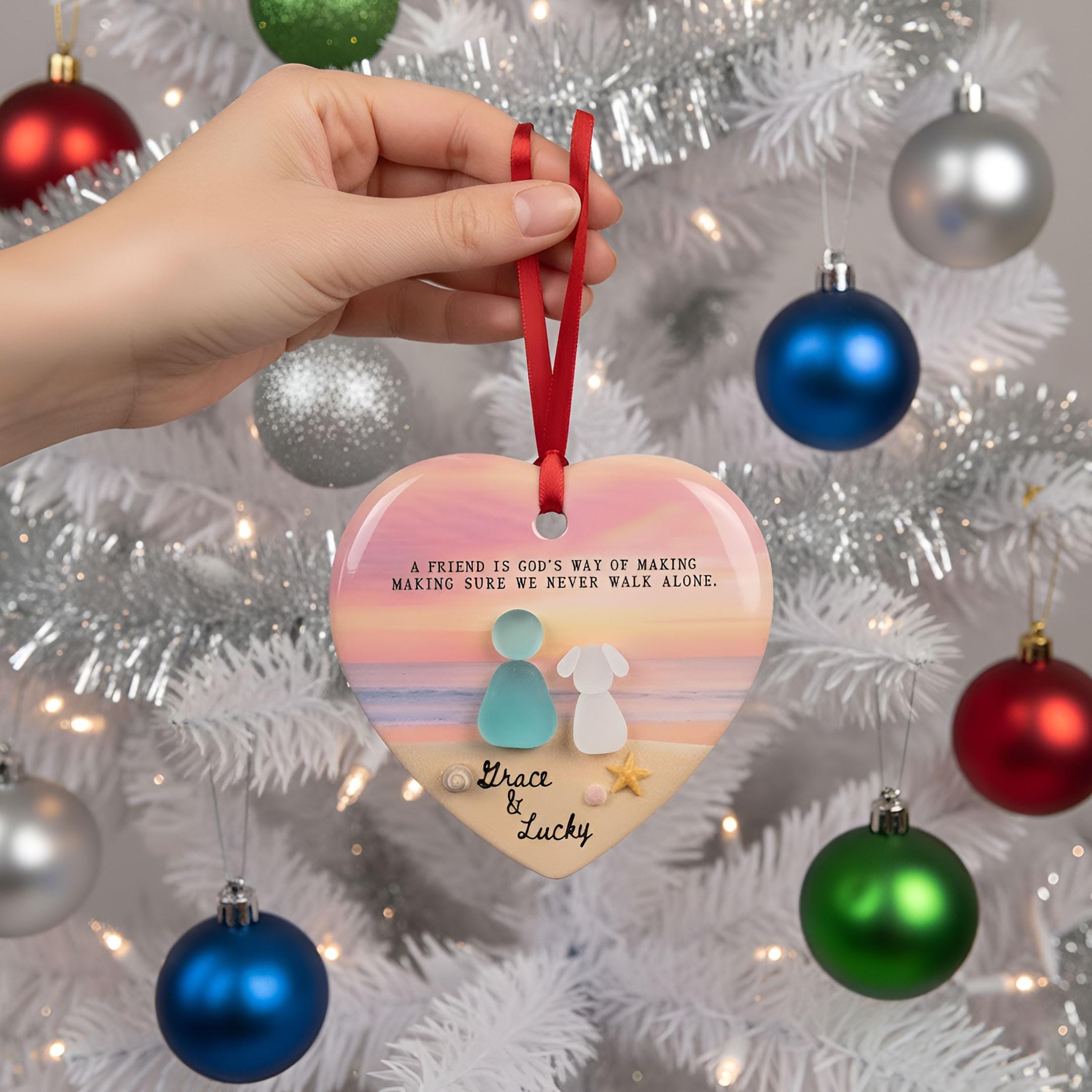 Custom Dog Mom Beach Sea Glass Ornament: Heart-Shaped Ceramic Keepsake, Personalized Pet & Owner Gift