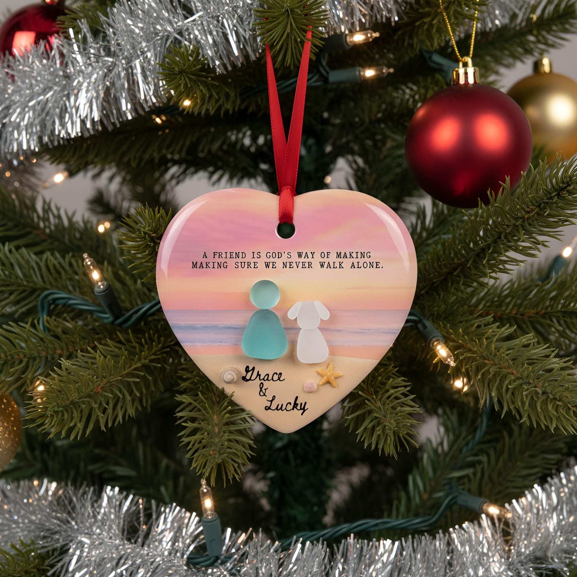 Custom Dog Mom Beach Sea Glass Ornament: Heart-Shaped Ceramic Keepsake, Personalized Pet & Owner Gift