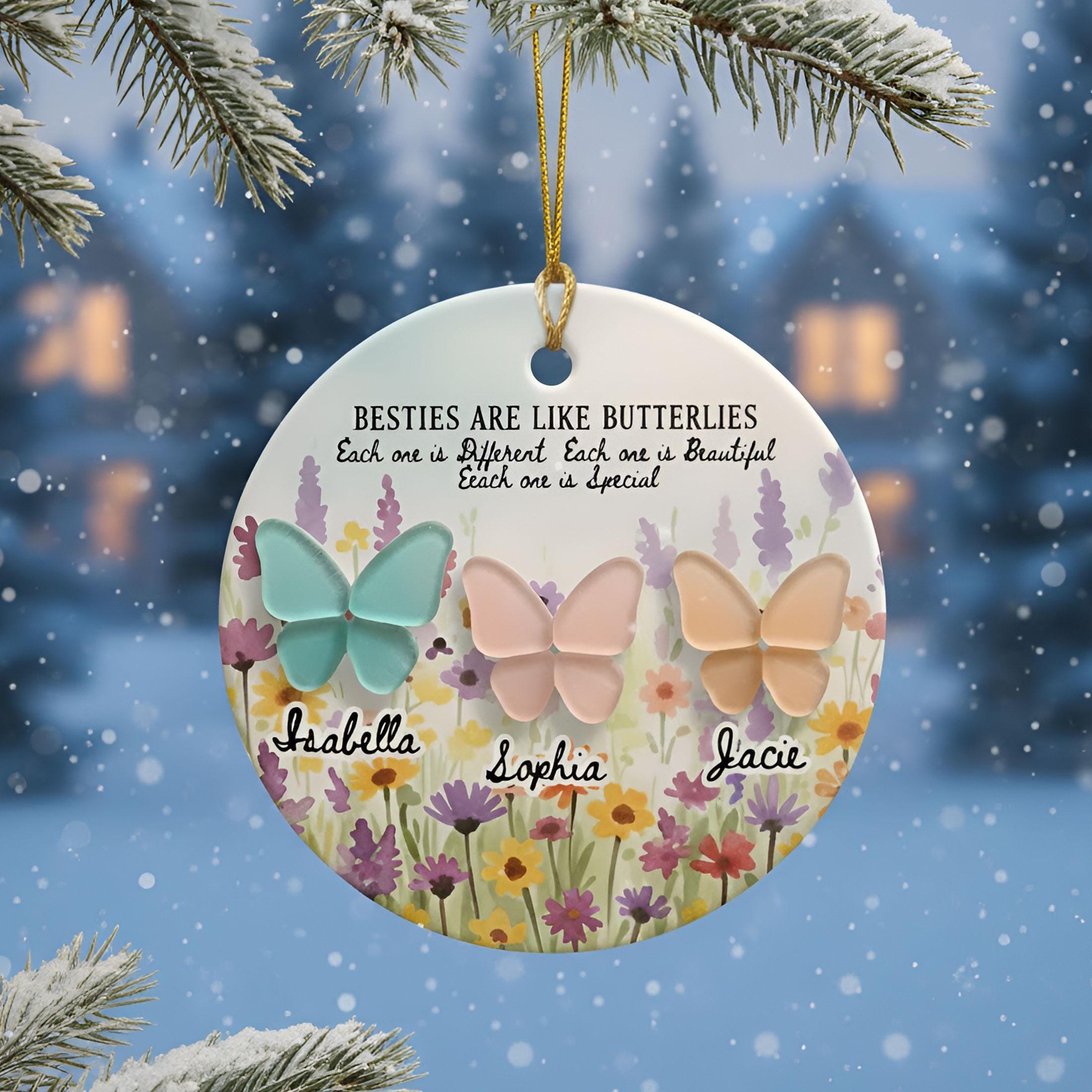 Personalized Sisters Ornament: Butterfly Floral Ceramic Keepsake