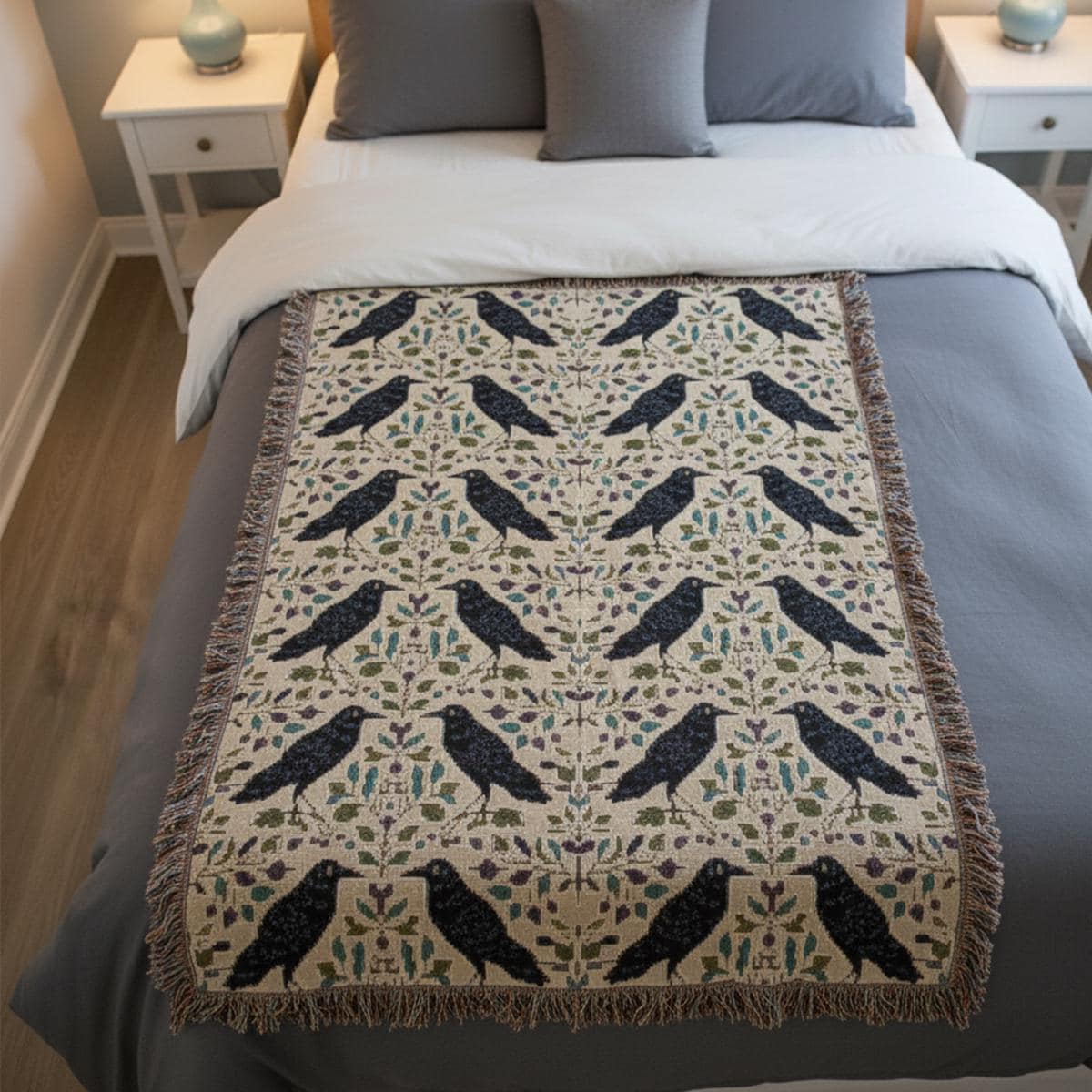 Crow Pattern Woven Blanket – Gothic Botanical Throw