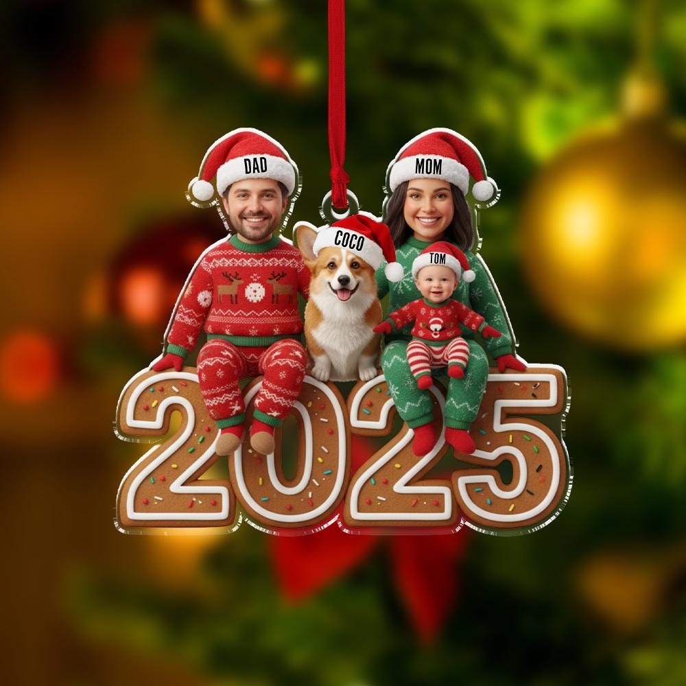 Custom Face Family Ornament 2025 – Personalized Photo Christmas Ornament with Pet