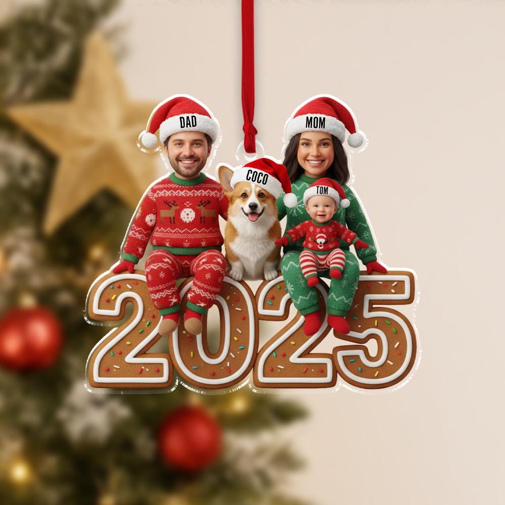 Custom Face Family Ornament 2025 – Personalized Photo Christmas Ornament with Pet