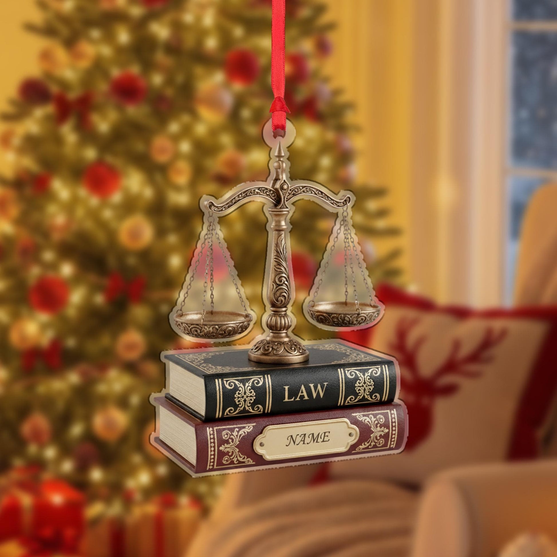 Personalized Law Ornament: Justice Scale on Books, Lawyer Gift