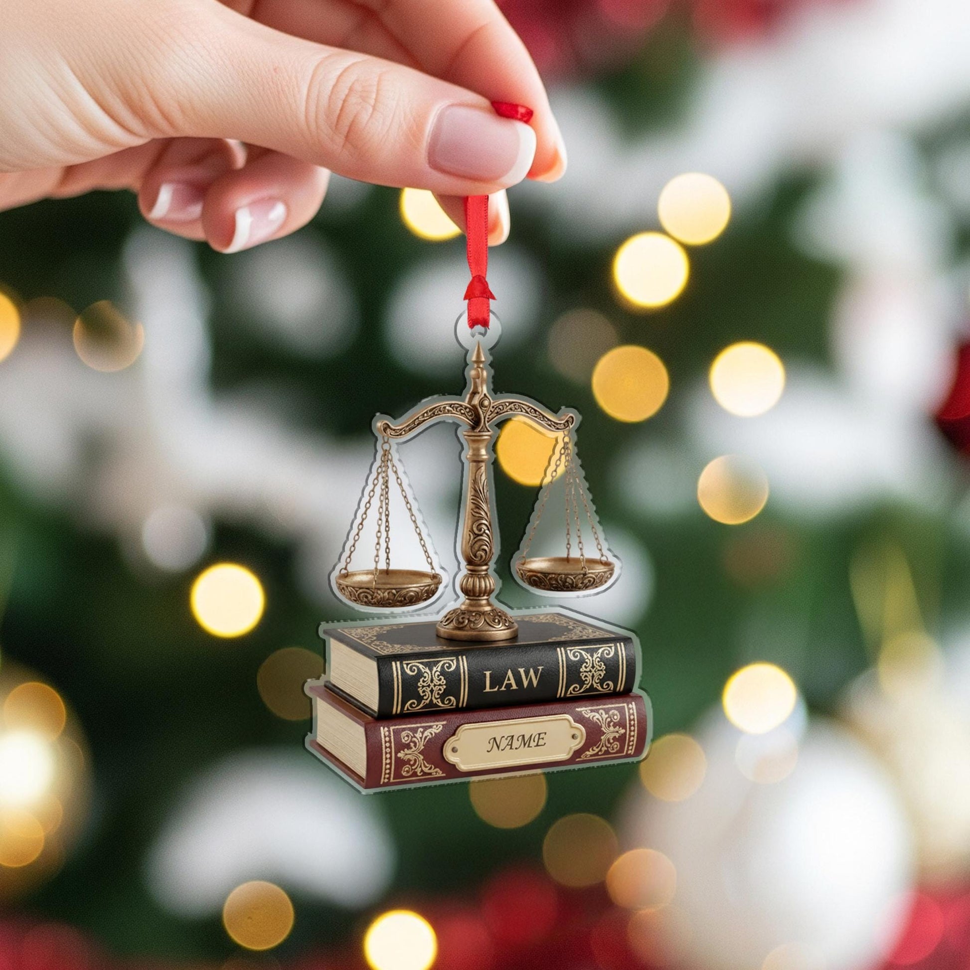 Personalized Law Ornament: Justice Scale on Books, Lawyer Gift