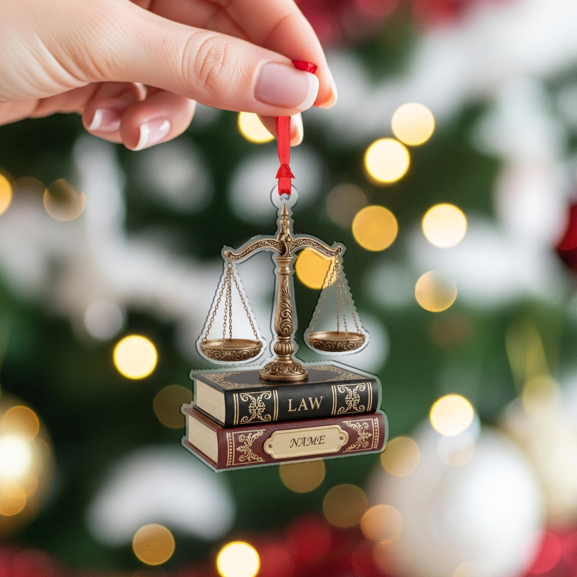 Personalized Law Ornament: Justice Scale on Books, Lawyer Gift