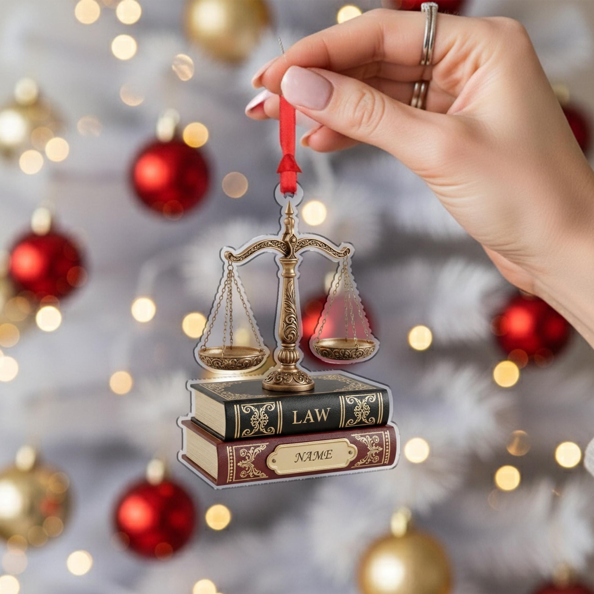 Personalized Law Ornament: Justice Scale on Books, Lawyer Gift