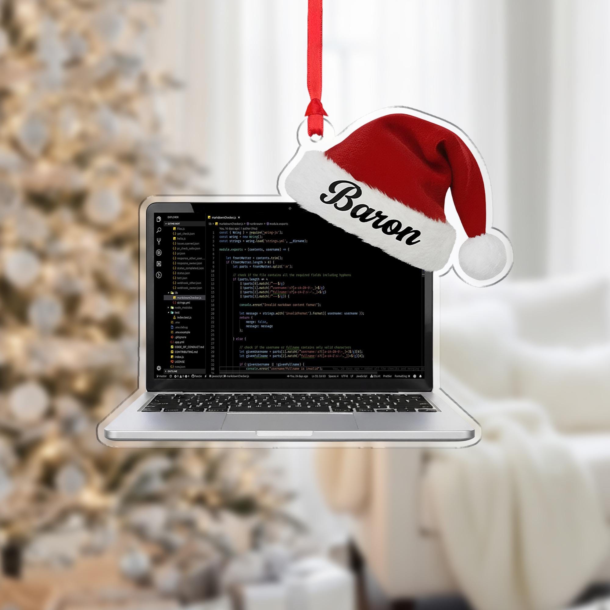 Custom Coder Ornament – Personalized Laptop & Santa Hat Holiday Gift for Programmers