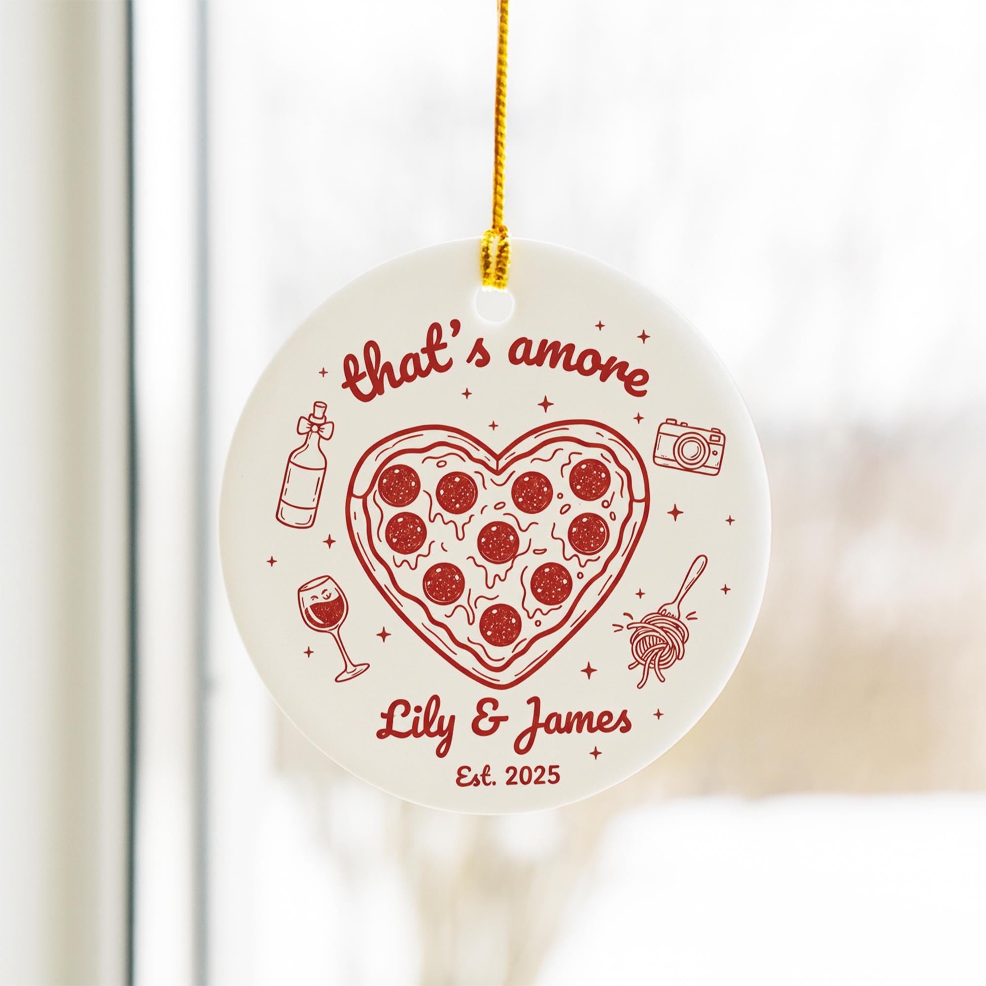 Personalized Ceramic Ornament “That’s Amore” with Pizza Heart & Wine Line Art