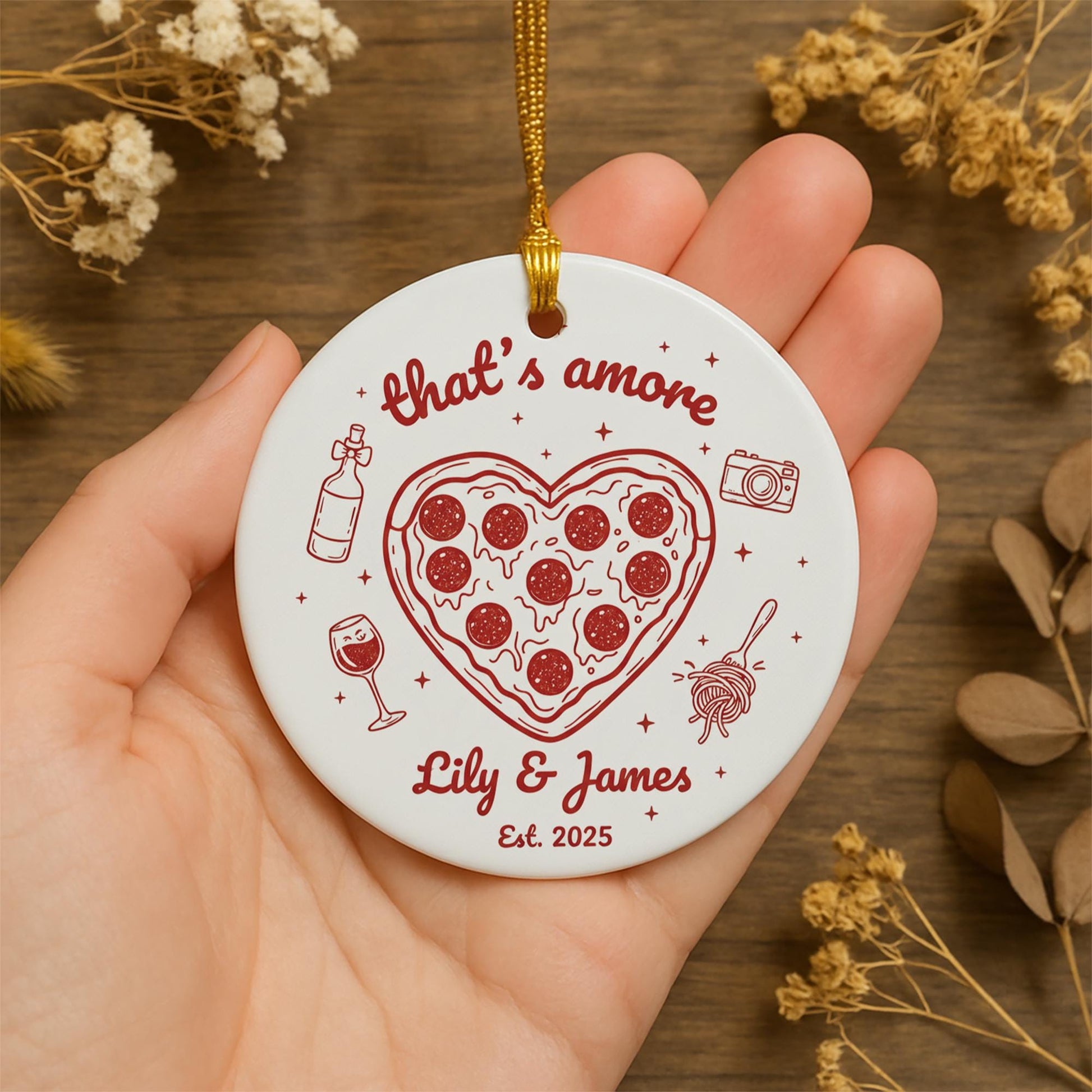 Personalized Ceramic Ornament “That’s Amore” with Pizza Heart & Wine Line Art