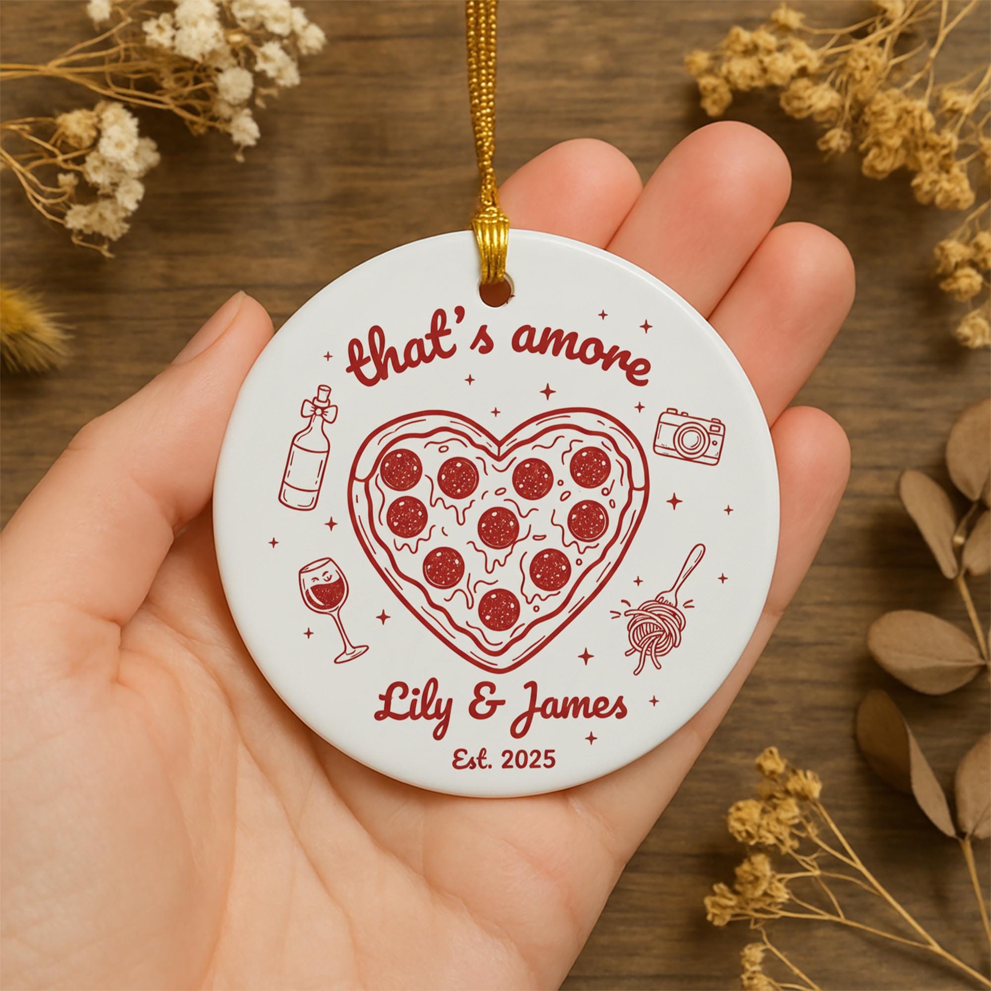 Personalized Ceramic Ornament “That’s Amore” with Pizza Heart & Wine Line Art