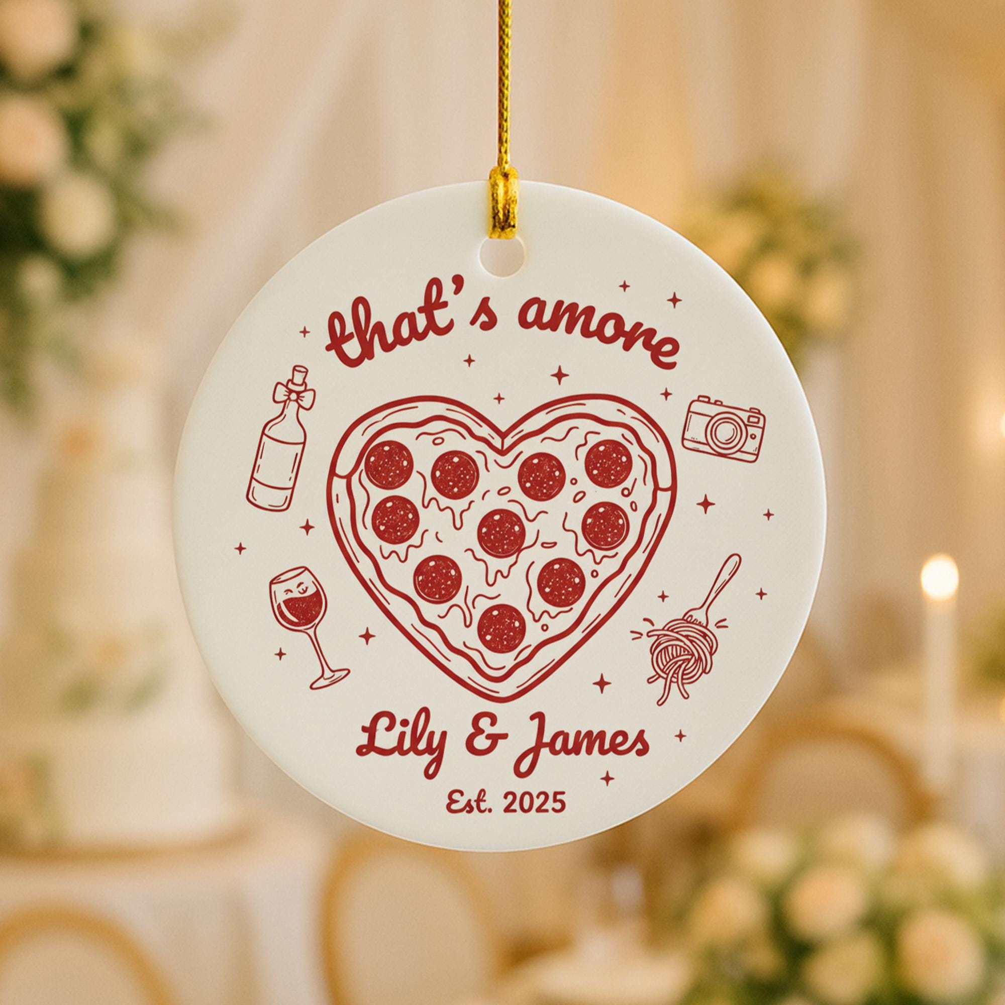 Personalized Ceramic Ornament “That’s Amore” with Pizza Heart & Wine Line Art