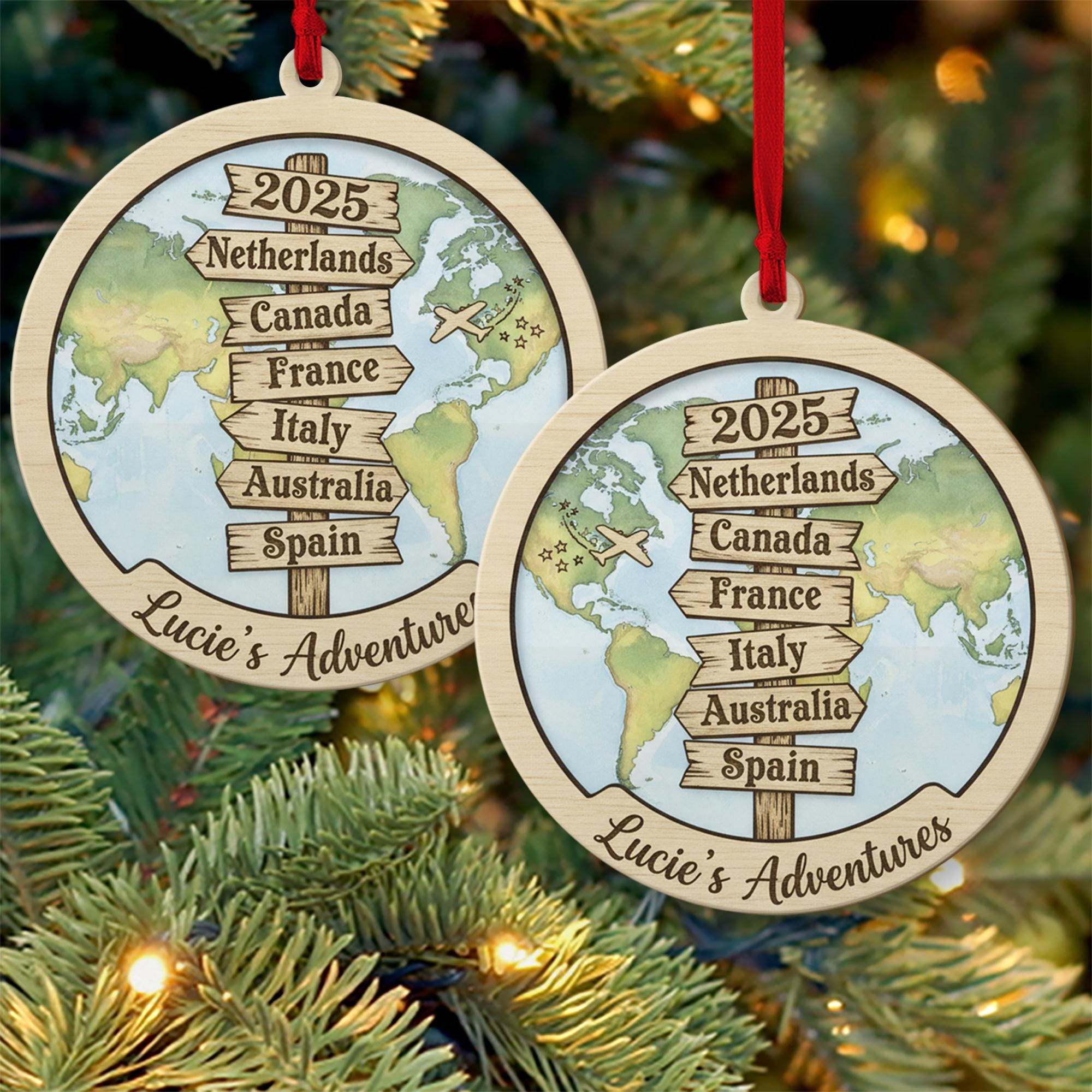 Custom Wood Travel Signpost Ornament | Personalized Map Christmas Decoration 2025