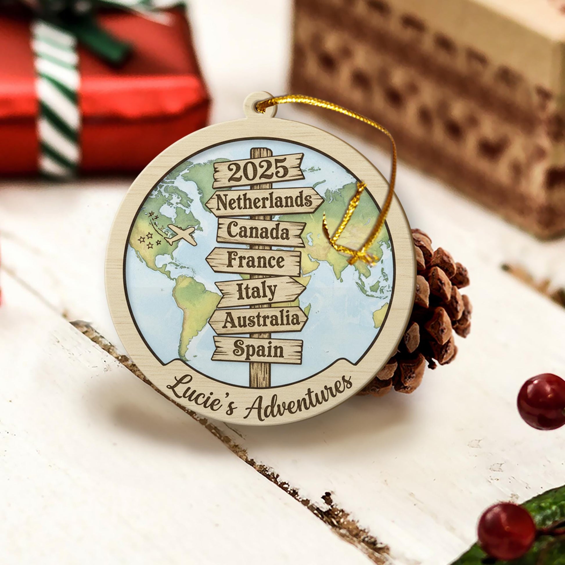 Custom Wood Travel Signpost Ornament | Personalized Map Christmas Decoration 2025