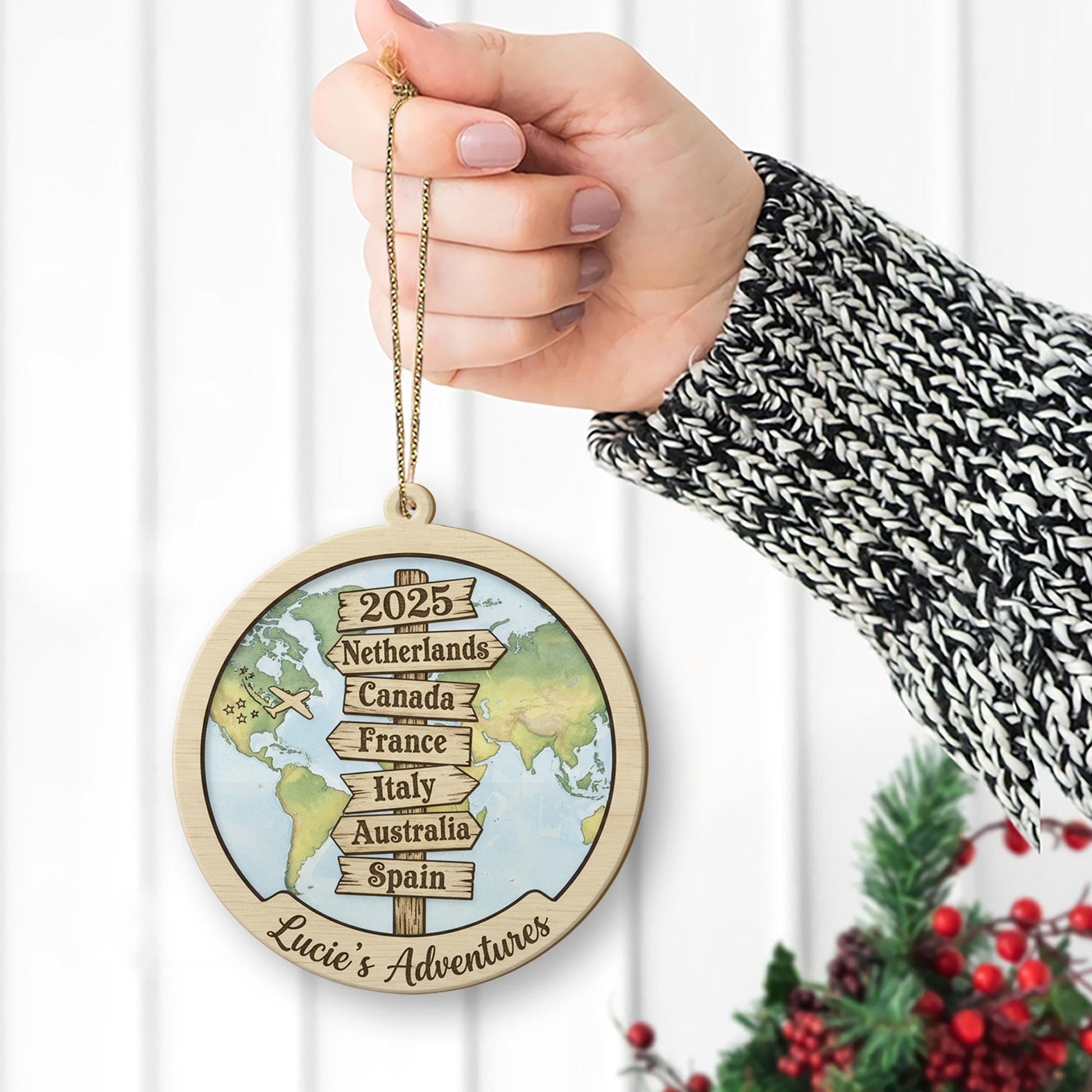 Custom Wood Travel Signpost Ornament | Personalized Map Christmas Decoration 2025