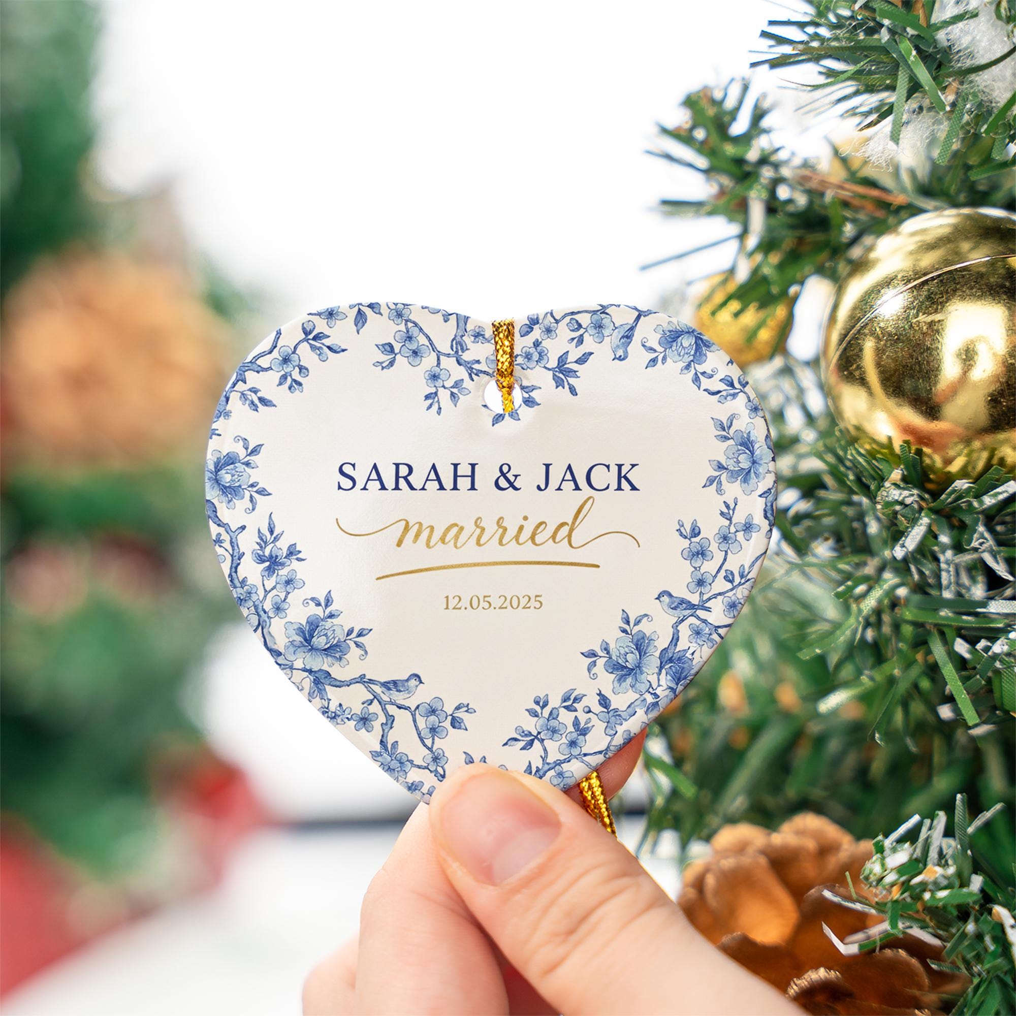 Personalized Heart Ornament — Married Keepsake with Blue Floral Print, Custom Name & Date