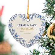 Personalized Heart Ornament — Married Keepsake with Blue Floral Print, Custom Name & Date