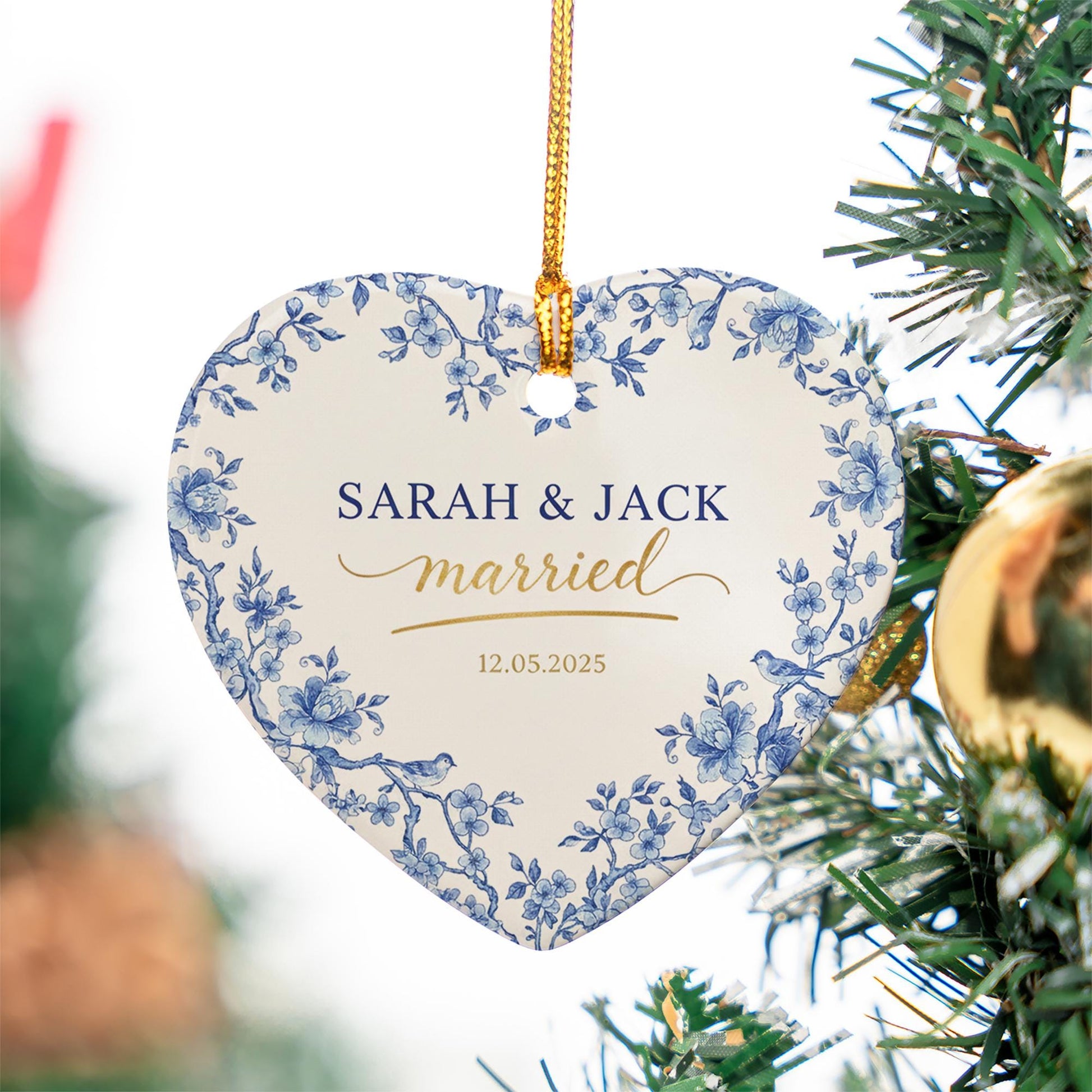 Personalized Heart Ornament — Married Keepsake with Blue Floral Print, Custom Name & Date