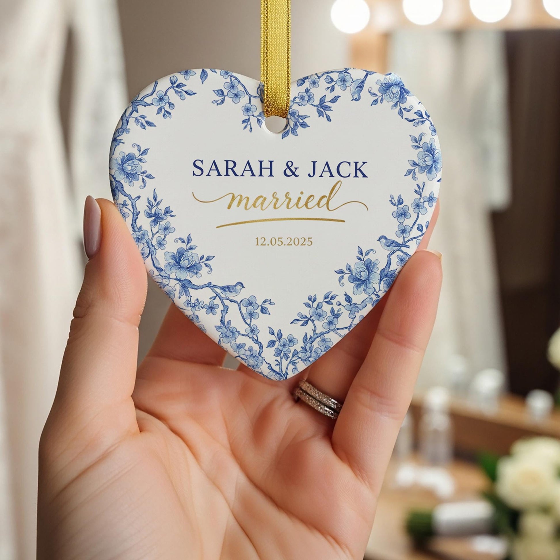 Personalized Heart Ornament — Married Keepsake with Blue Floral Print, Custom Name & Date
