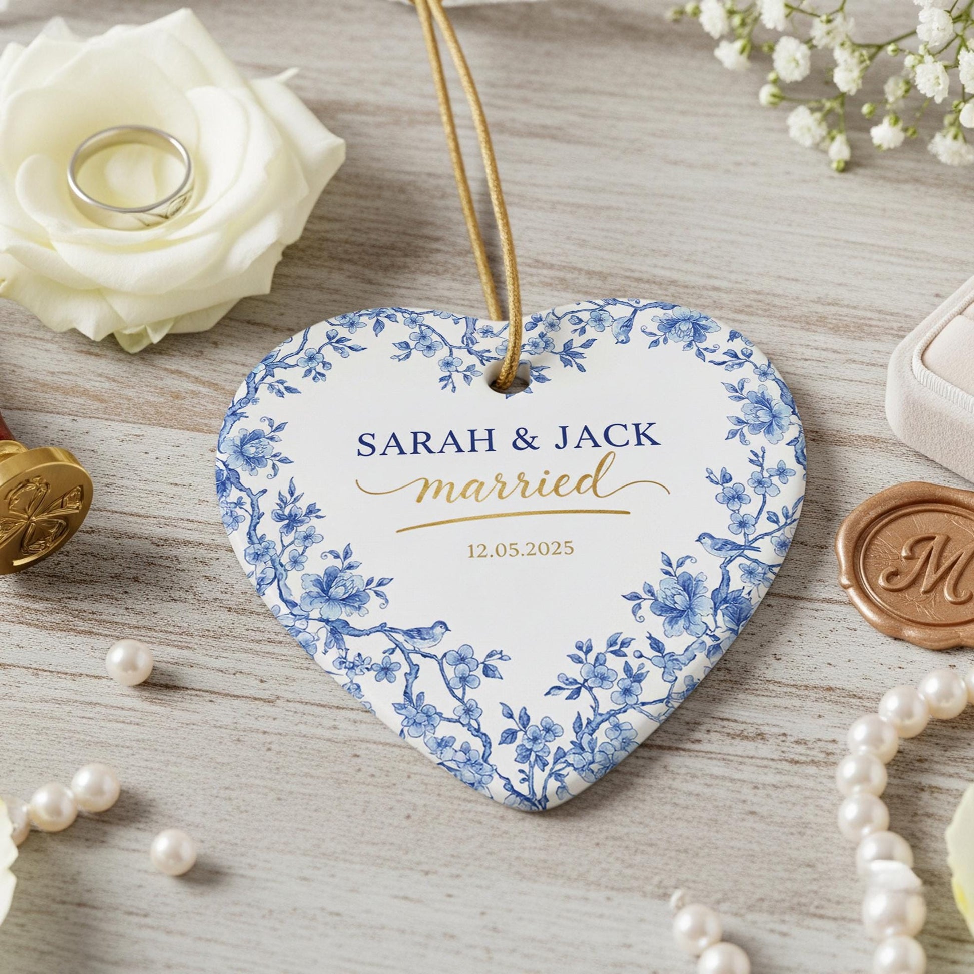 Personalized Heart Ornament — Married Keepsake with Blue Floral Print, Custom Name & Date