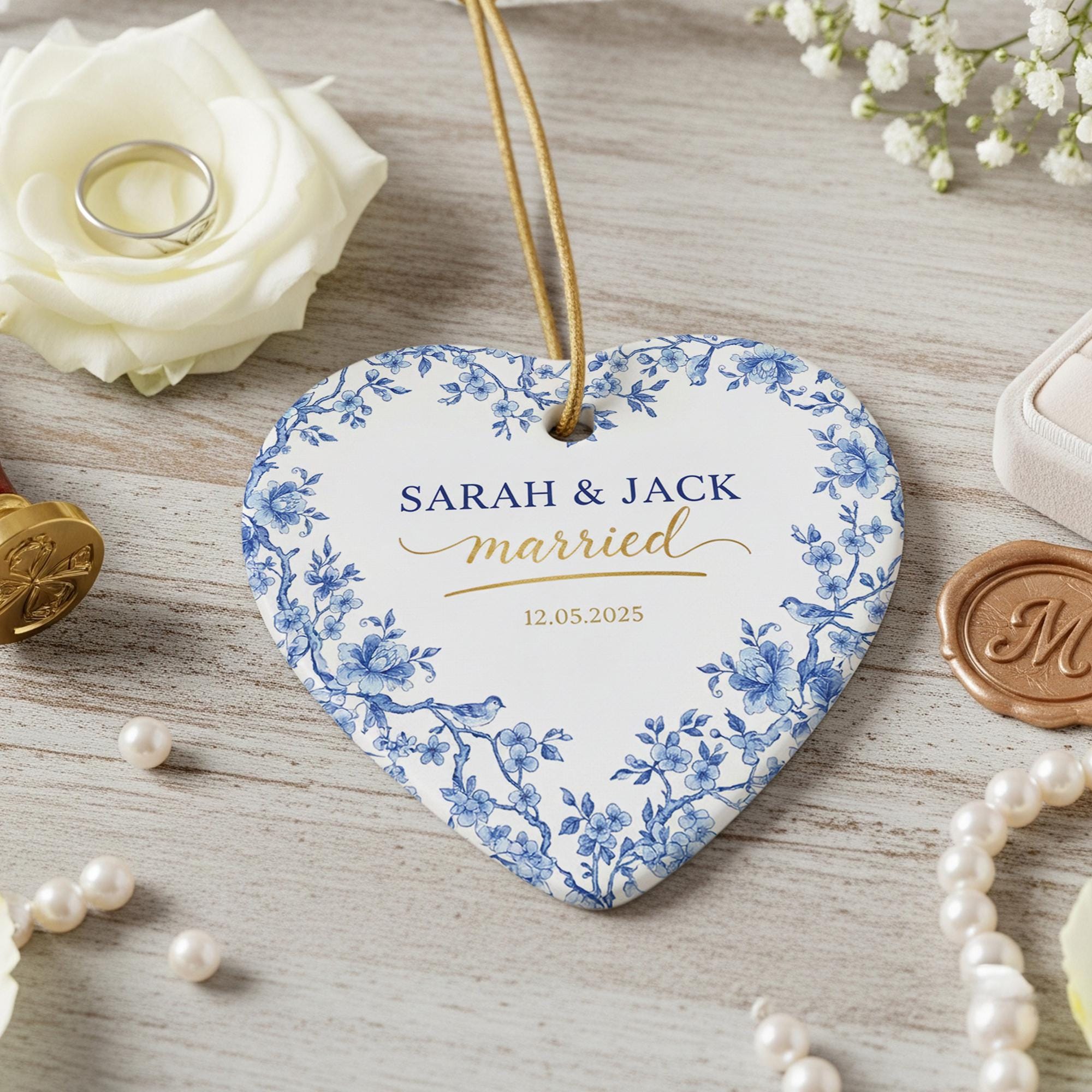 Personalized Heart Ornament — Married Keepsake with Blue Floral Print, Custom Name & Date