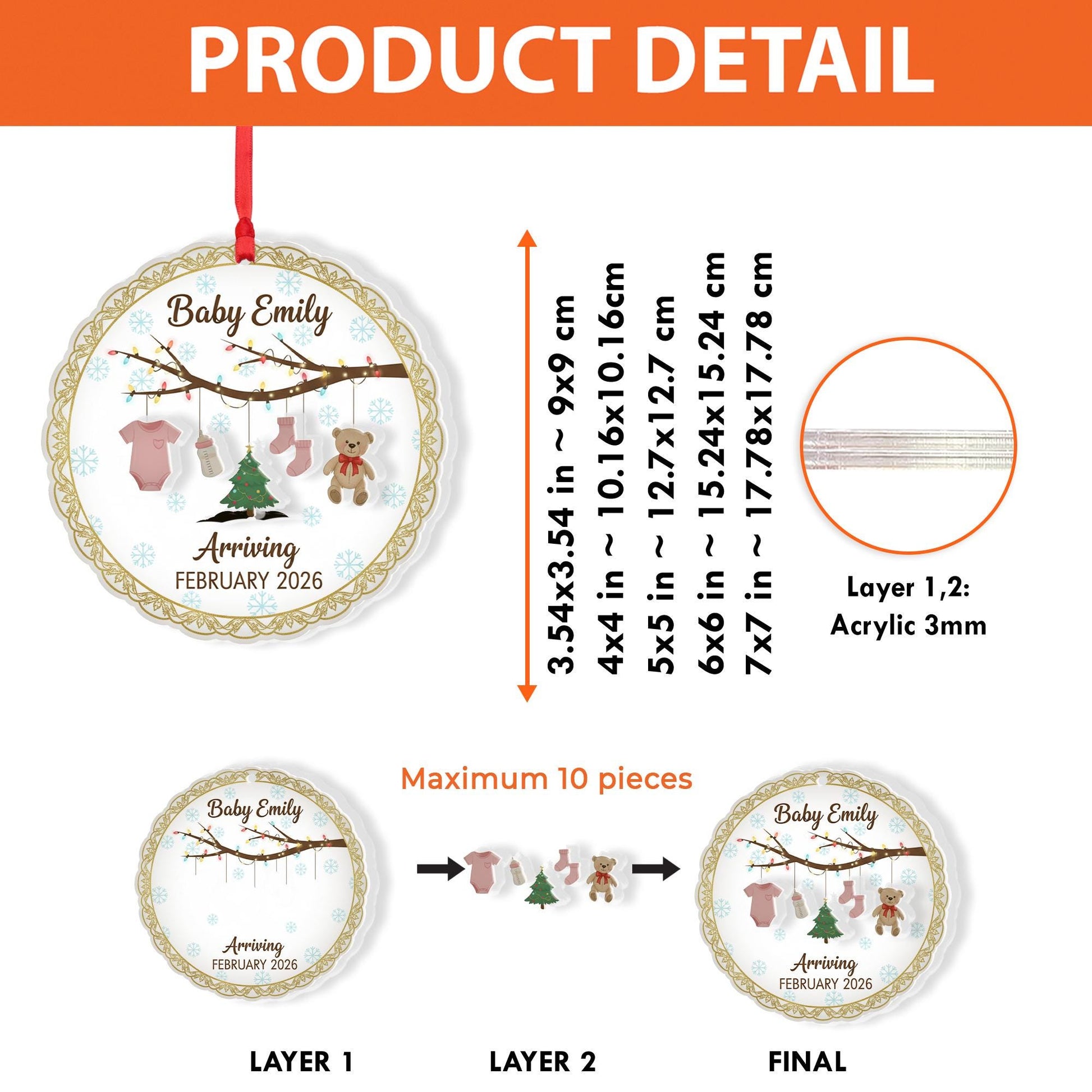 Personalized Baby Announcement Ornament: 2-Layer Acrylic, Custom Name & Due Date