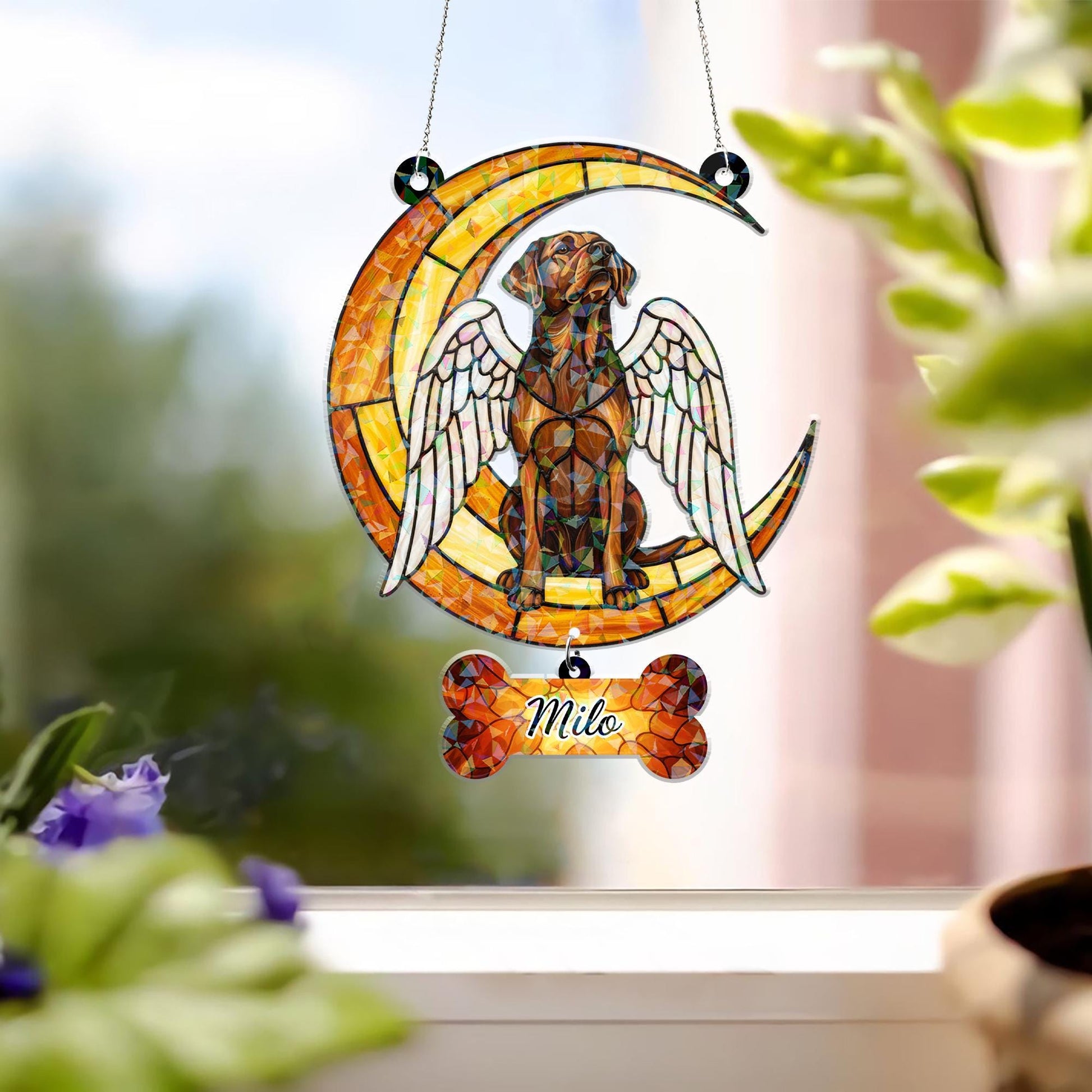 Custom Dog Memorial Hologram Decor | Angel Pet Suncatcher with Name Tag Hanging Piece