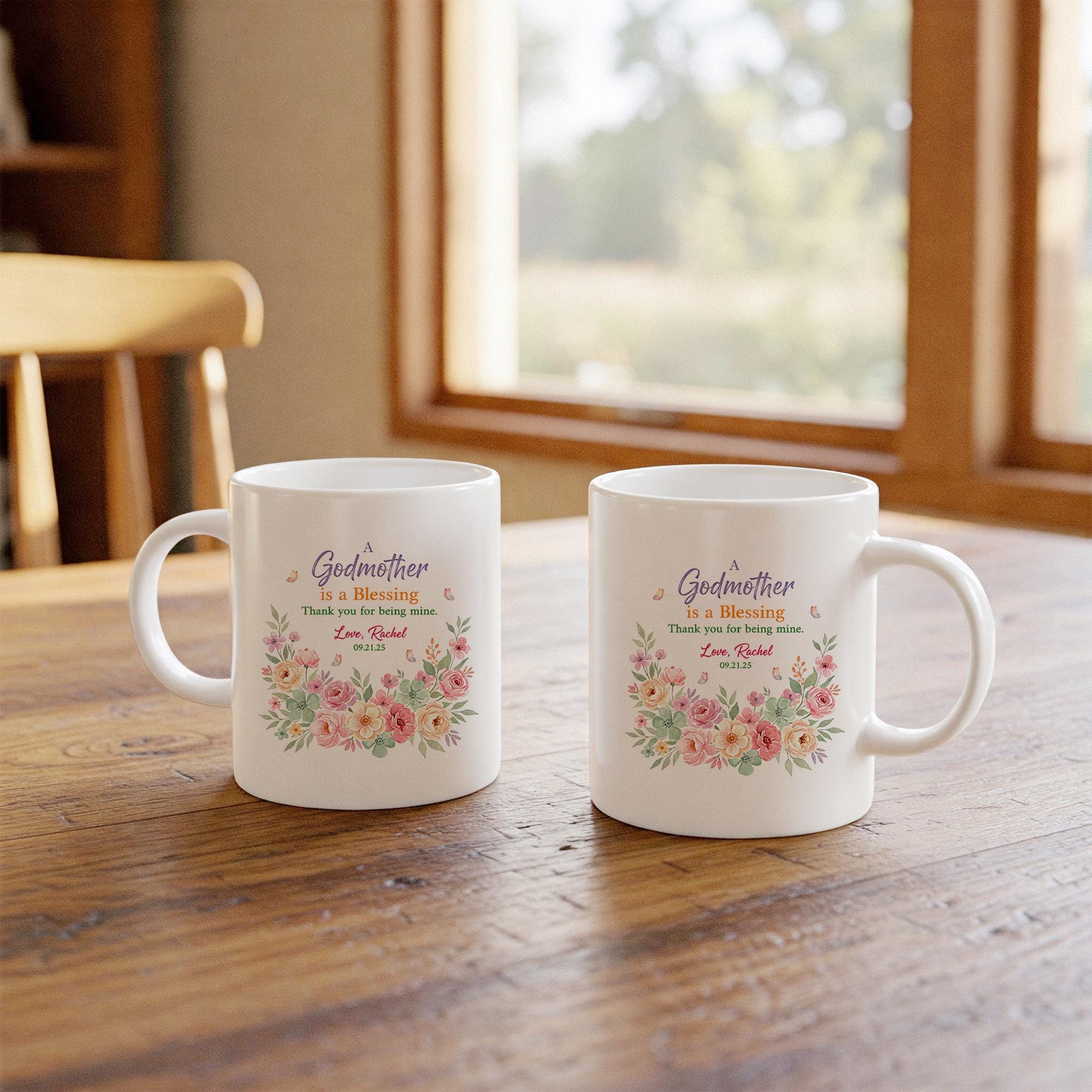 Custom Godmother Mug | Floral Coffee Cup | Personalized Name Ceramic Drinkware
