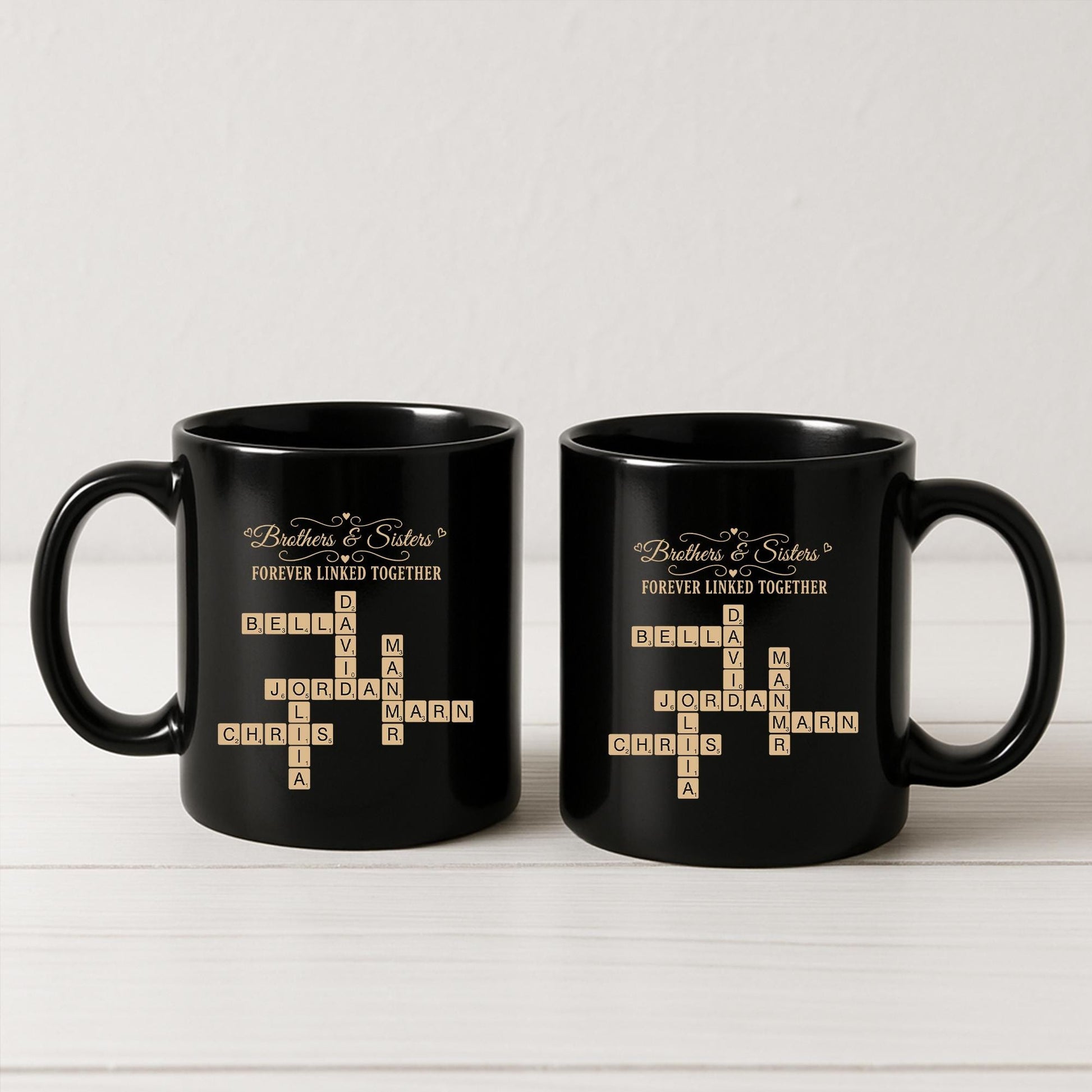 Custom Sibling Name Mug | Brothers and Sisters Crossword Design | Personalized Black Coffee Cup