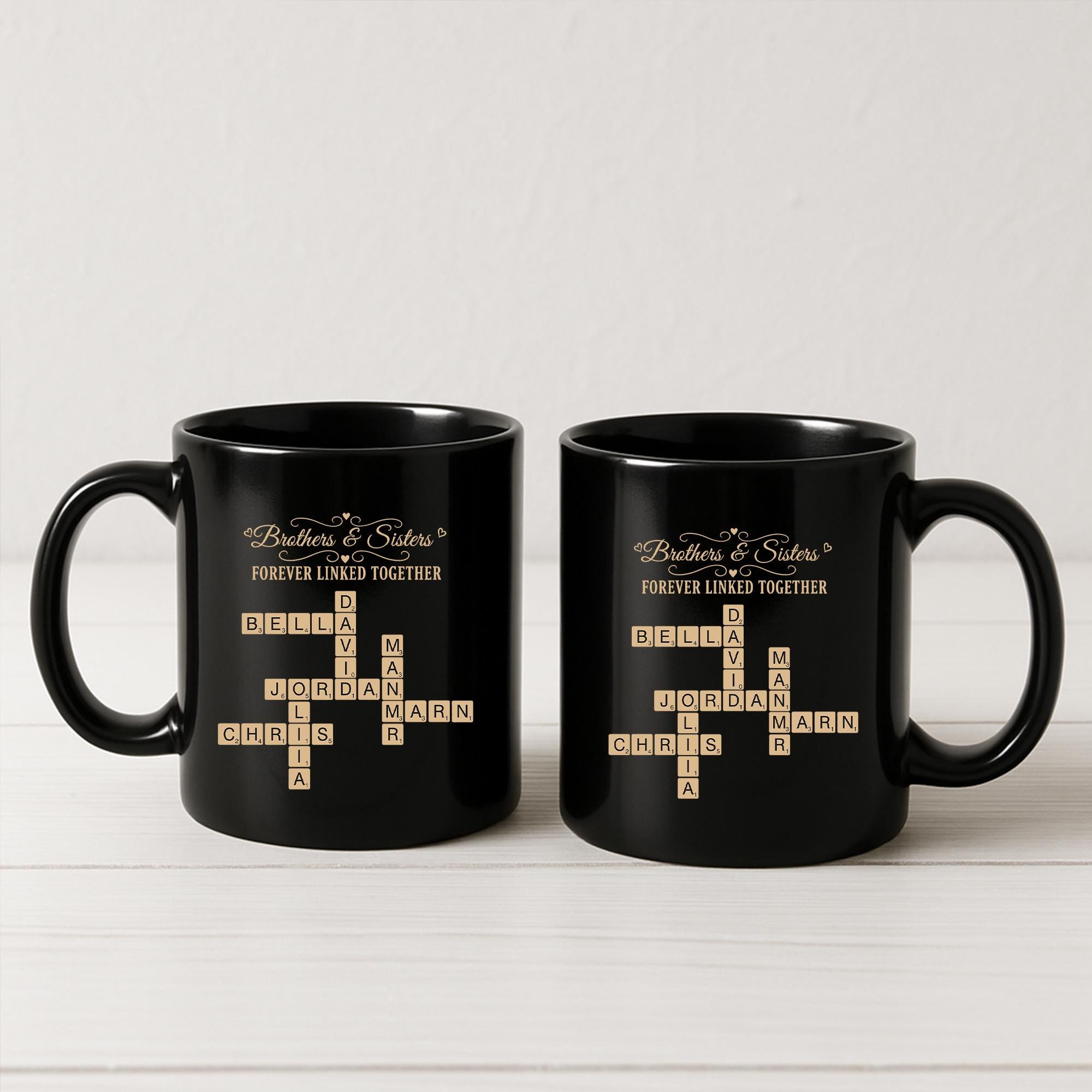 Custom Sibling Name Mug | Brothers and Sisters Crossword Design | Personalized Black Coffee Cup