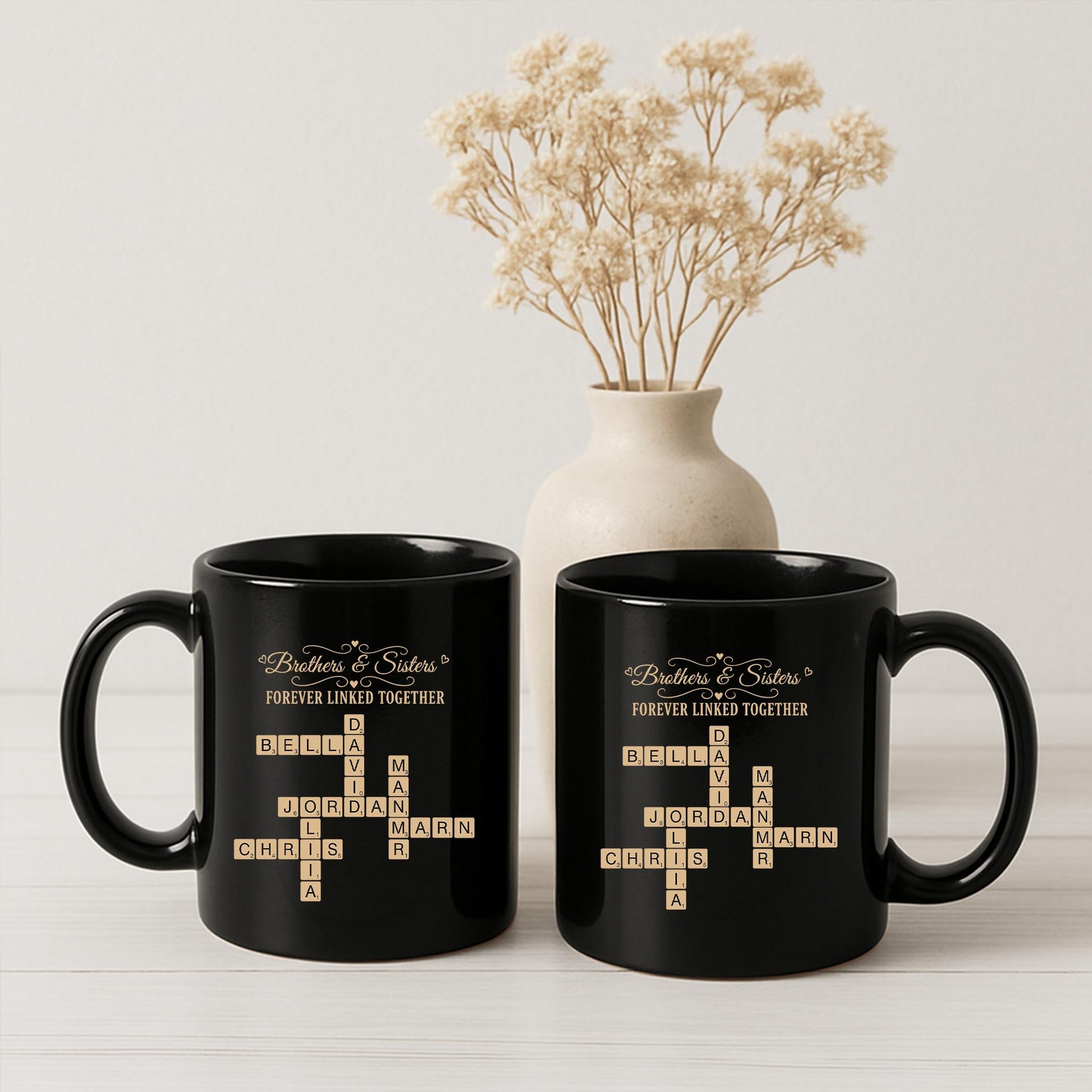 Custom Sibling Name Mug | Brothers and Sisters Crossword Design | Personalized Black Coffee Cup