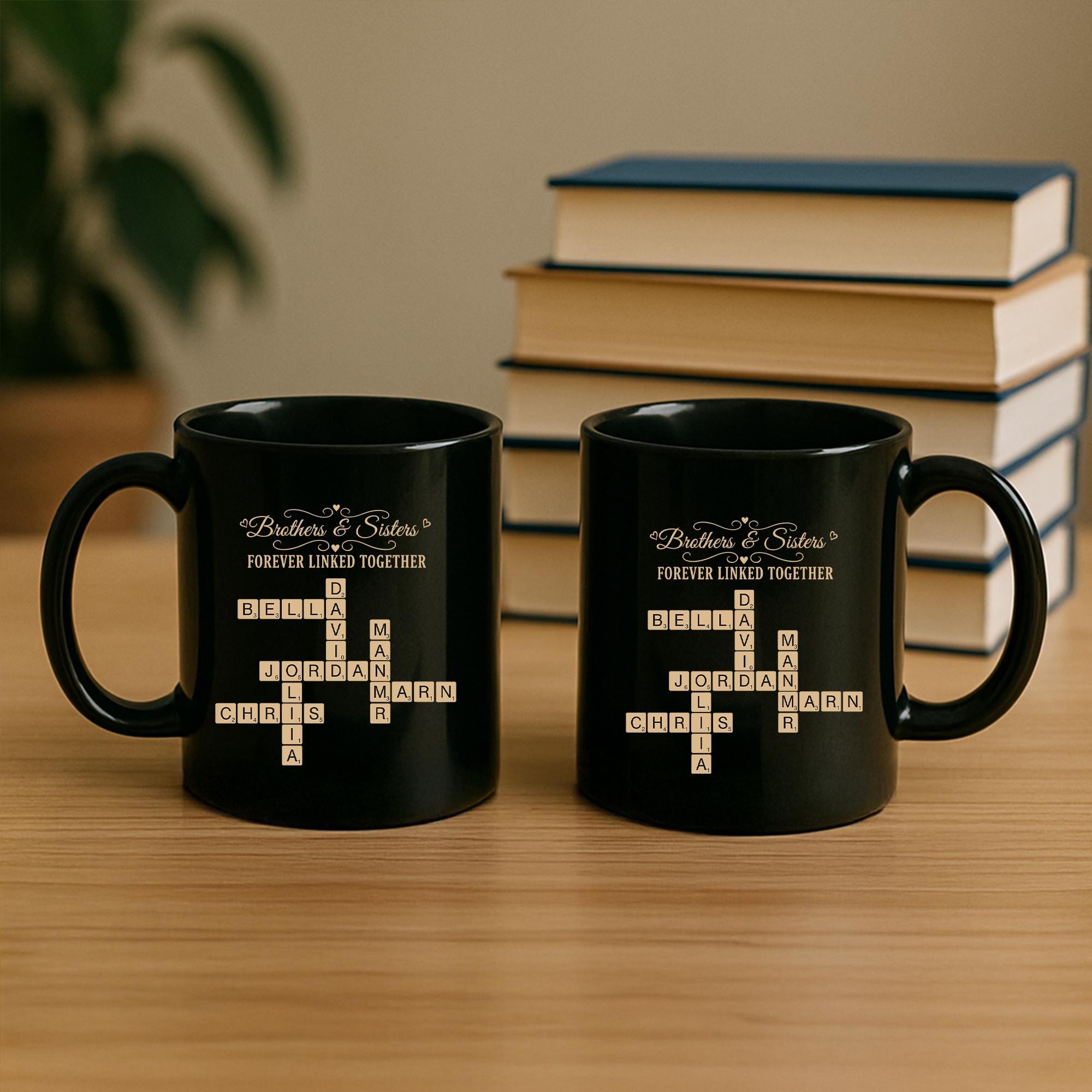 Custom Sibling Name Mug | Brothers and Sisters Crossword Design | Personalized Black Coffee Cup