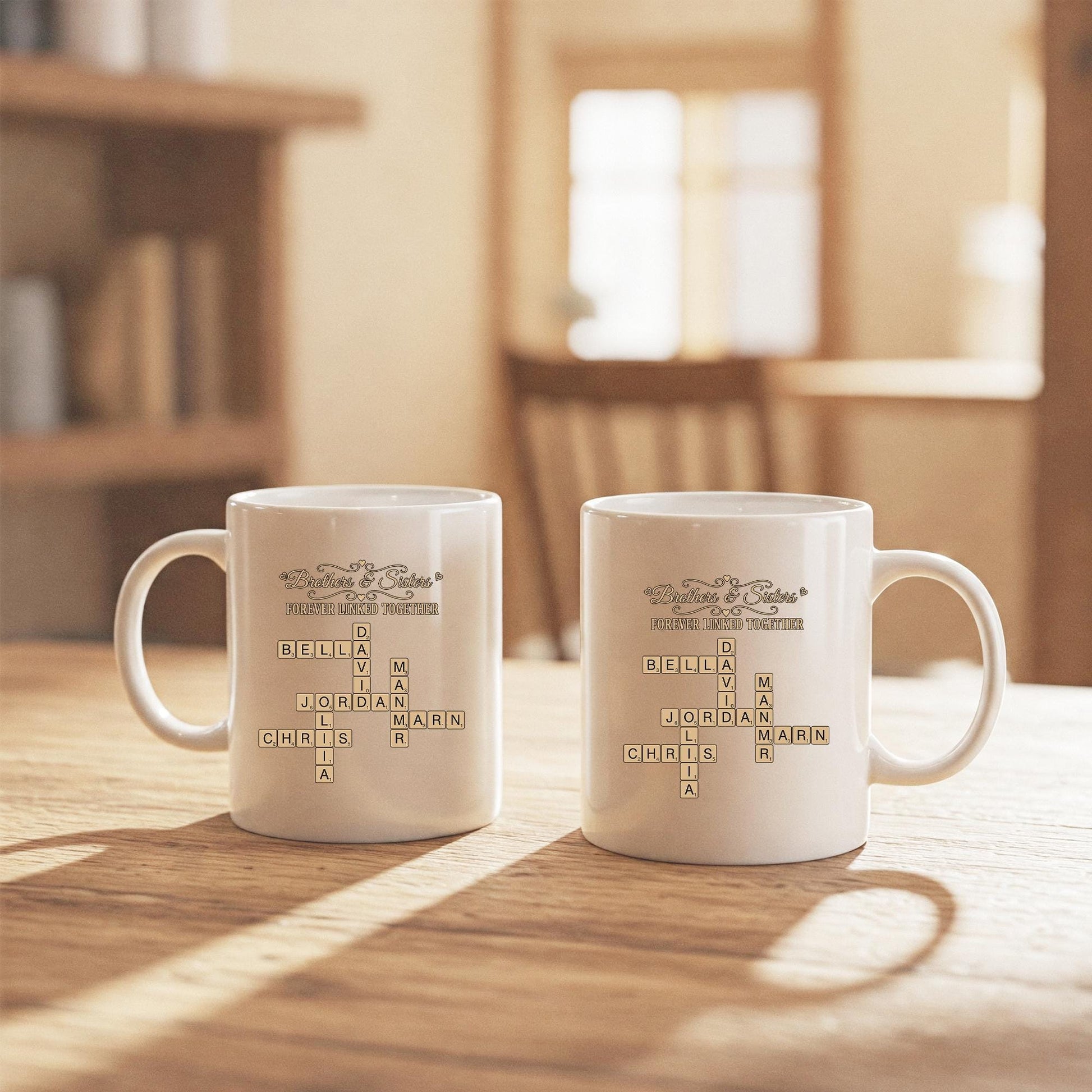 Custom Sibling Name Mug | Brothers and Sisters Crossword Design | Personalized Black Coffee Cup