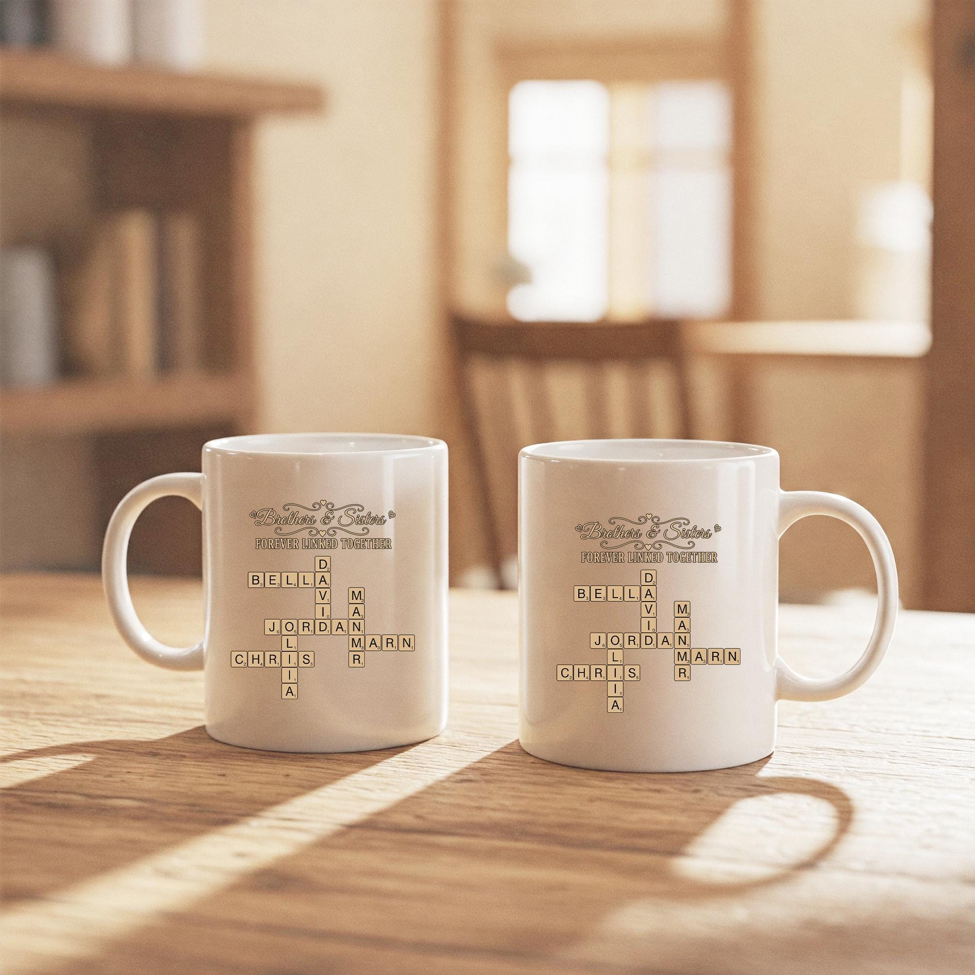 Custom Sibling Name Mug | Brothers and Sisters Crossword Design | Personalized Black Coffee Cup