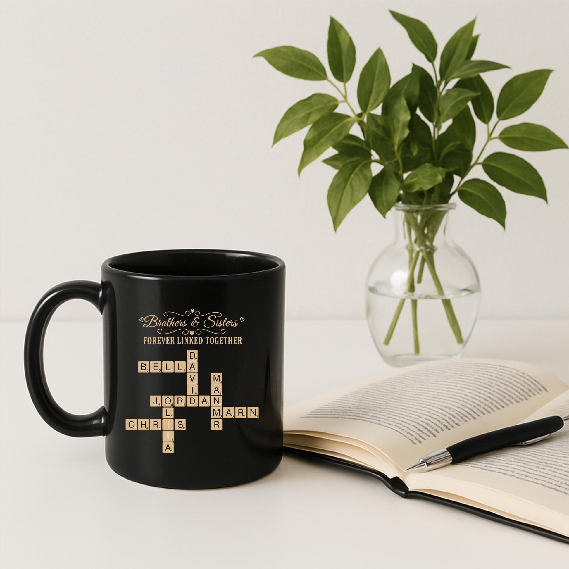 Custom Sibling Name Mug | Brothers and Sisters Crossword Design | Personalized Black Coffee Cup