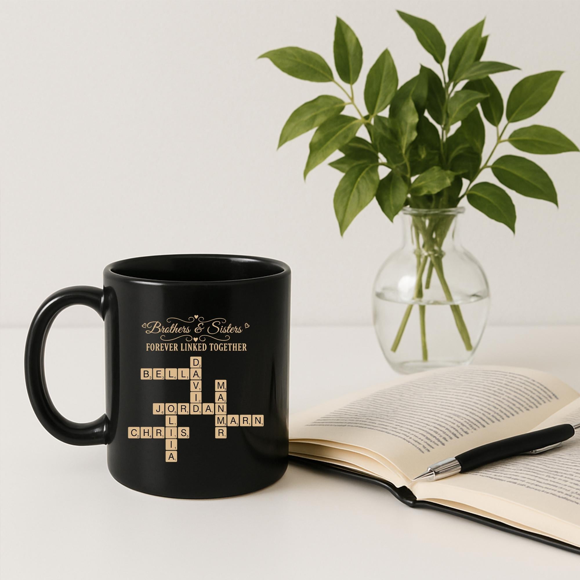 Custom Sibling Name Mug | Brothers and Sisters Crossword Design | Personalized Black Coffee Cup