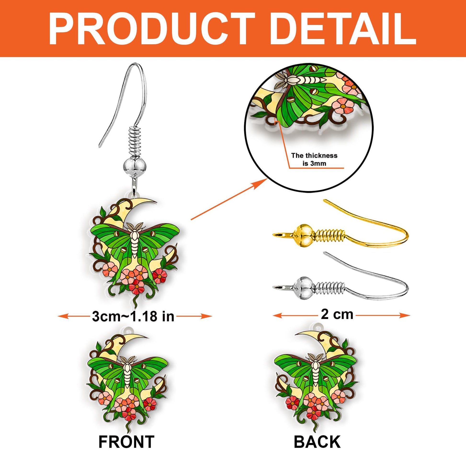 Lunar Moth Earrings | Green Moon Dangle Jewelry | Enamel Hook Accessory