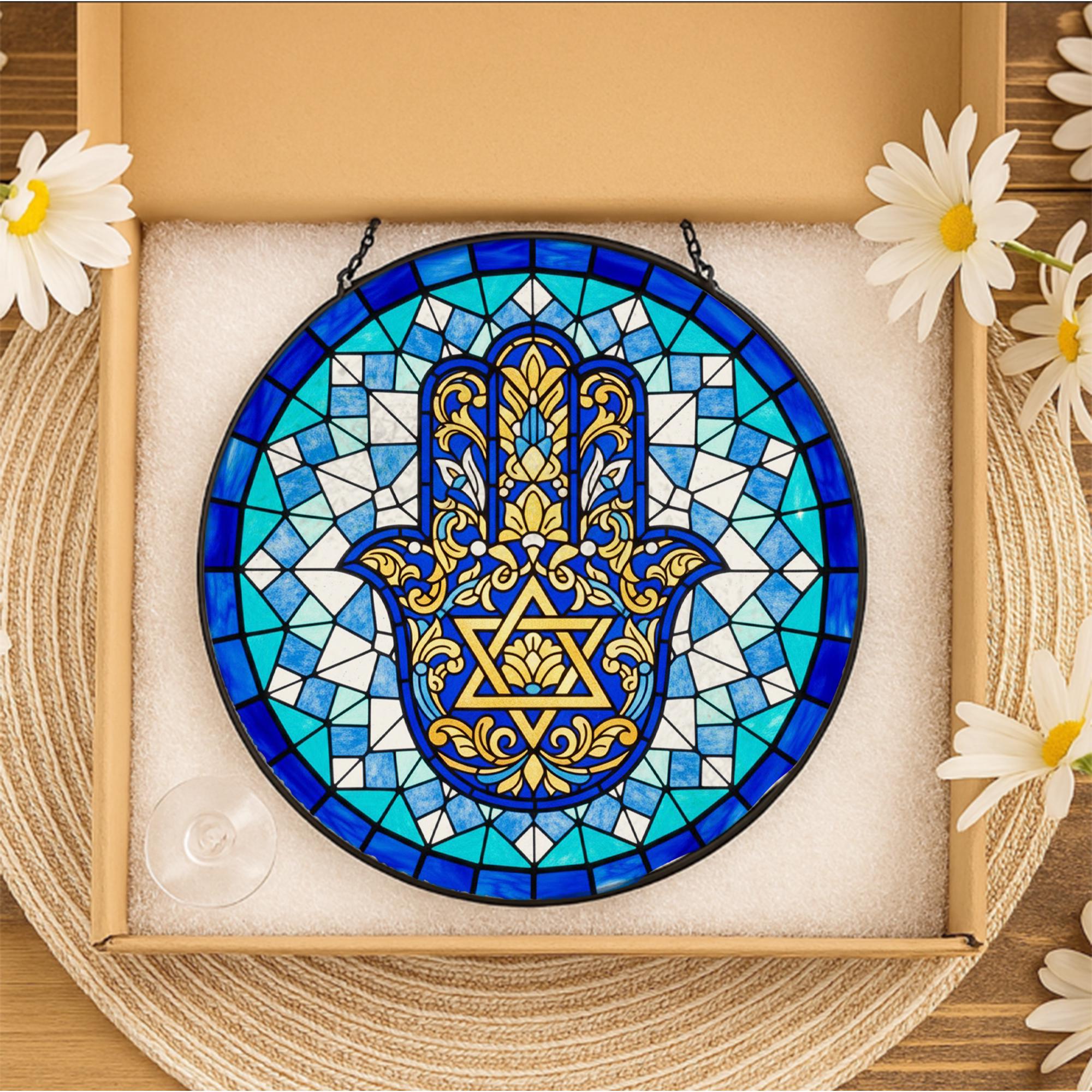 Glass Hamsa Suncatcher – Round Stained Glass Star of David Motif