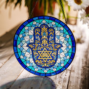 Glass Hamsa Suncatcher – Round Stained Glass Star of David Motif