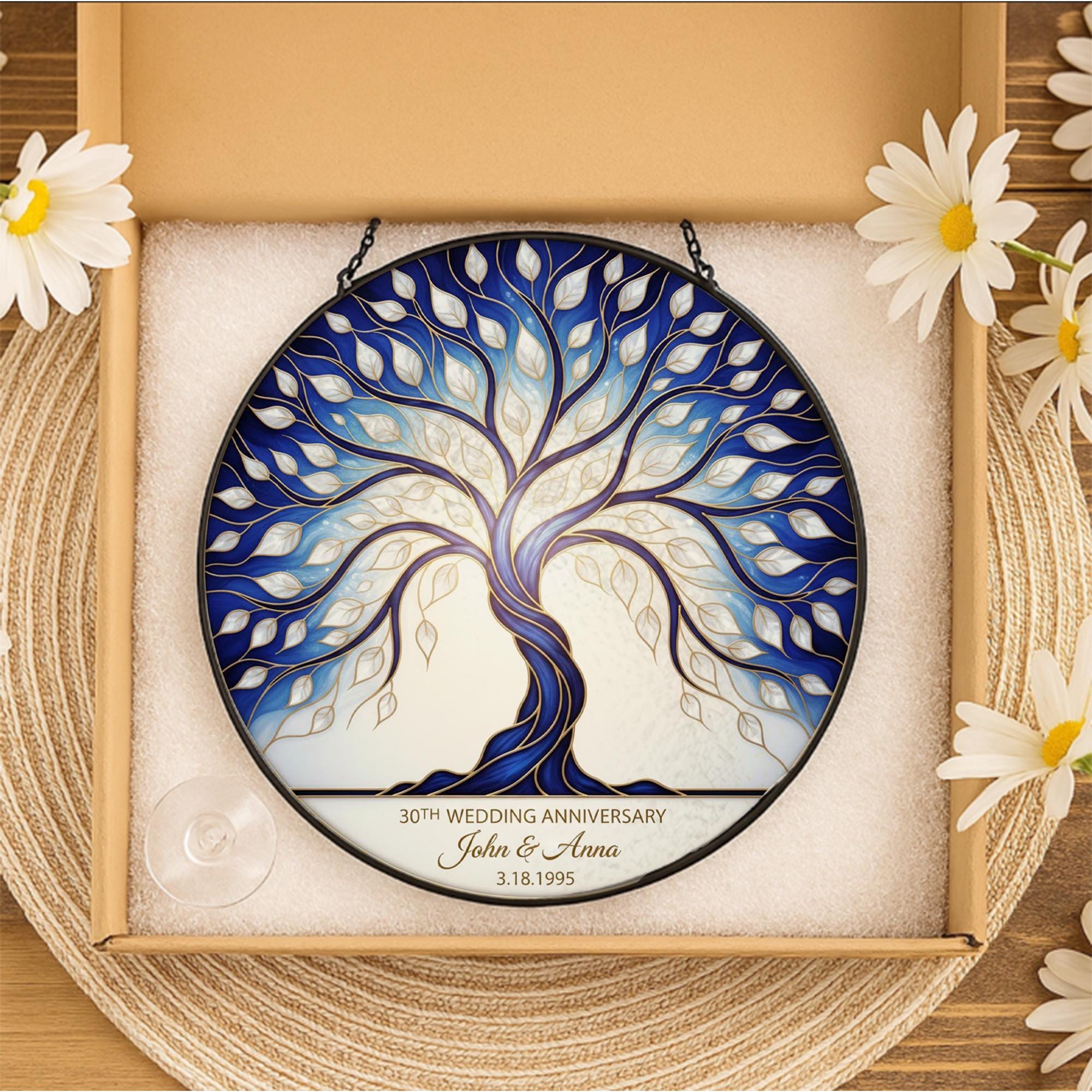 Pearl Anniversary Glass Suncatcher – Personalized 30th Anniversary Tree of Life Window Hanging