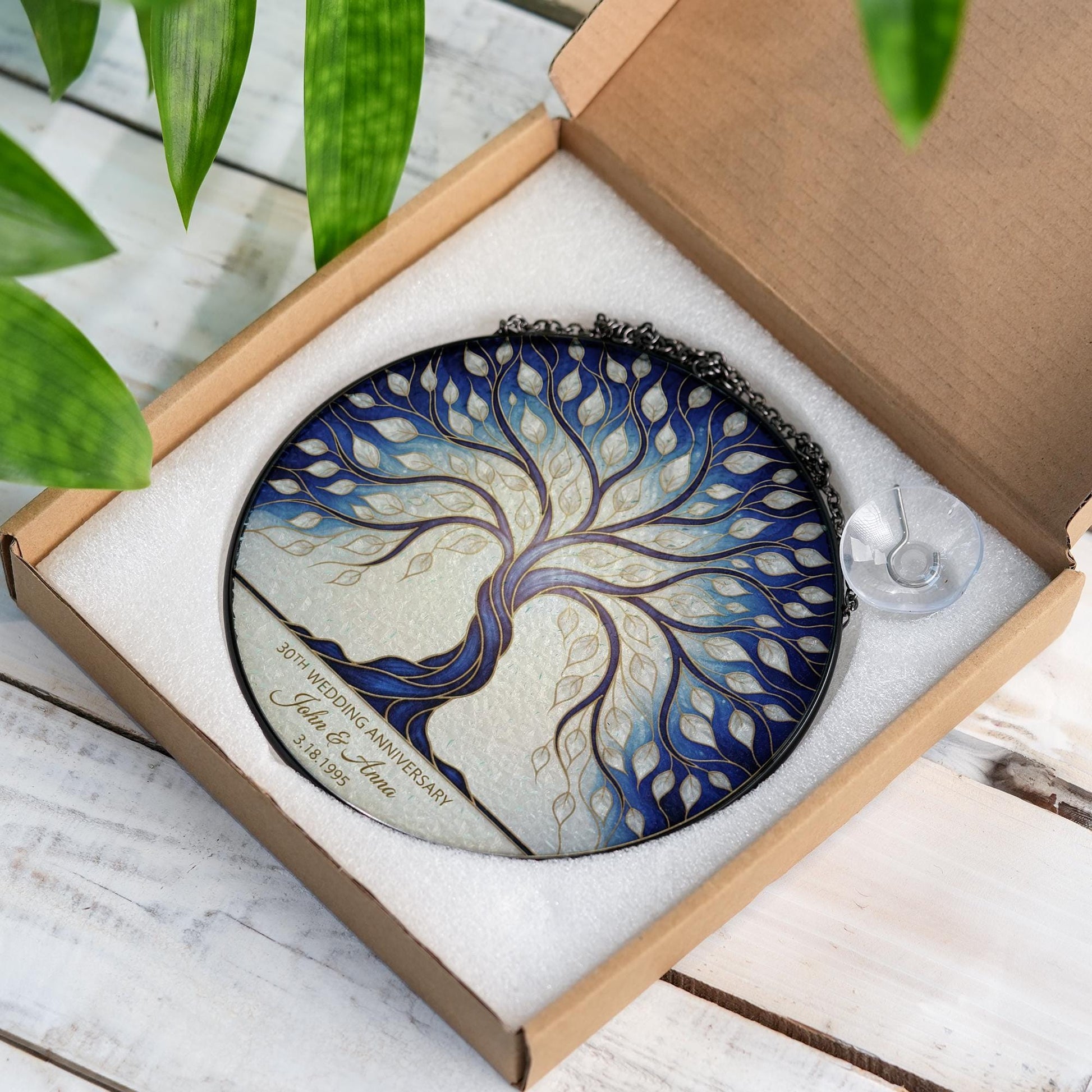 Pearl Anniversary Glass Suncatcher – Personalized 30th Anniversary Tree of Life Window Hanging